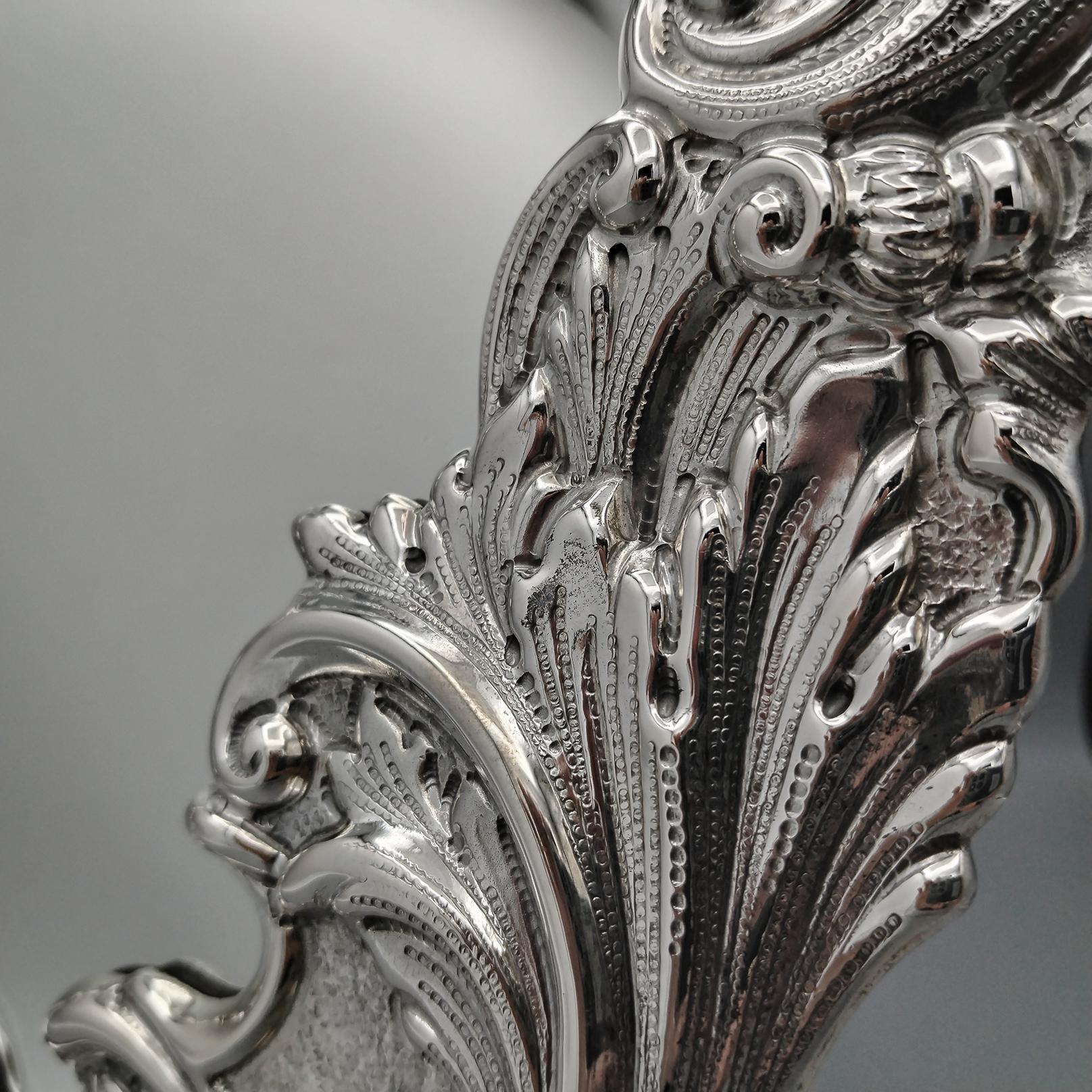Silver Italian Baroque style table mirror in 800 solid silver with velvet back. For Sale