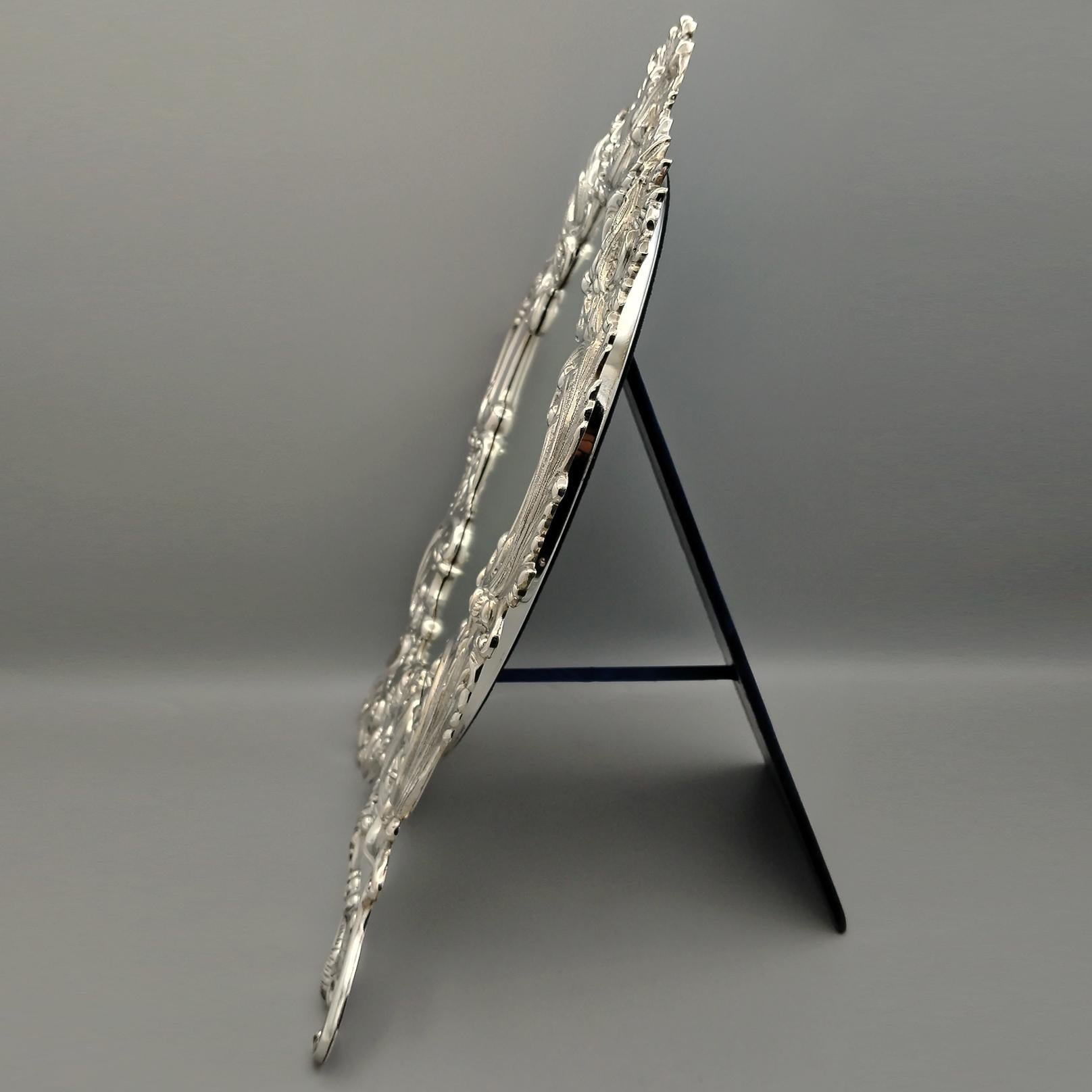 Italian Baroque style table mirror in 800 solid silver with velvet back. For Sale 1