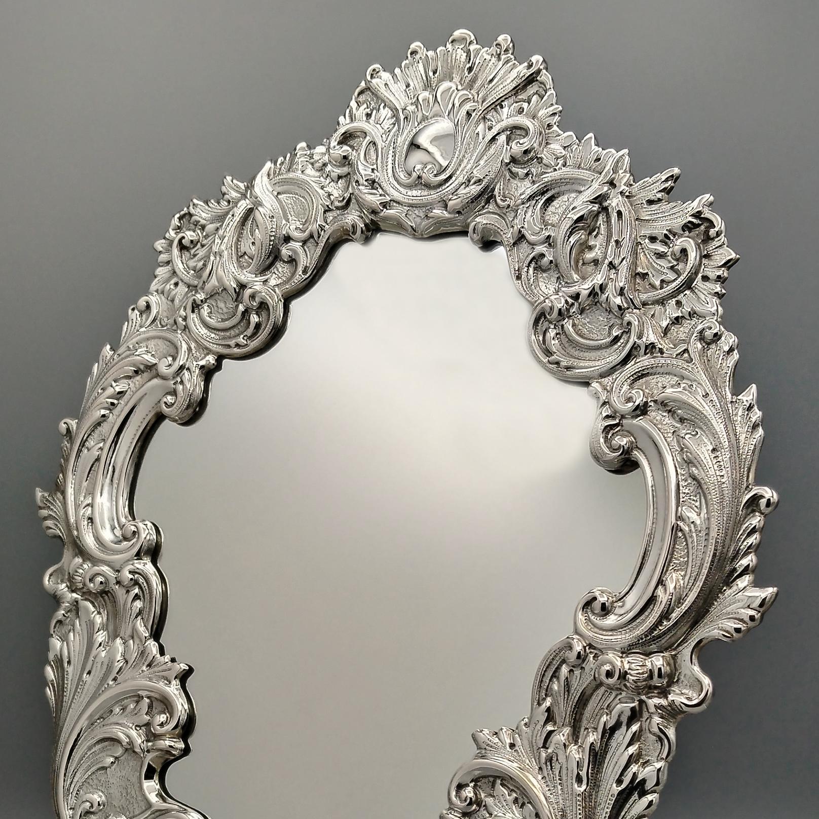 Italian Baroque style table mirror in 800 solid silver with velvet back. For Sale 2