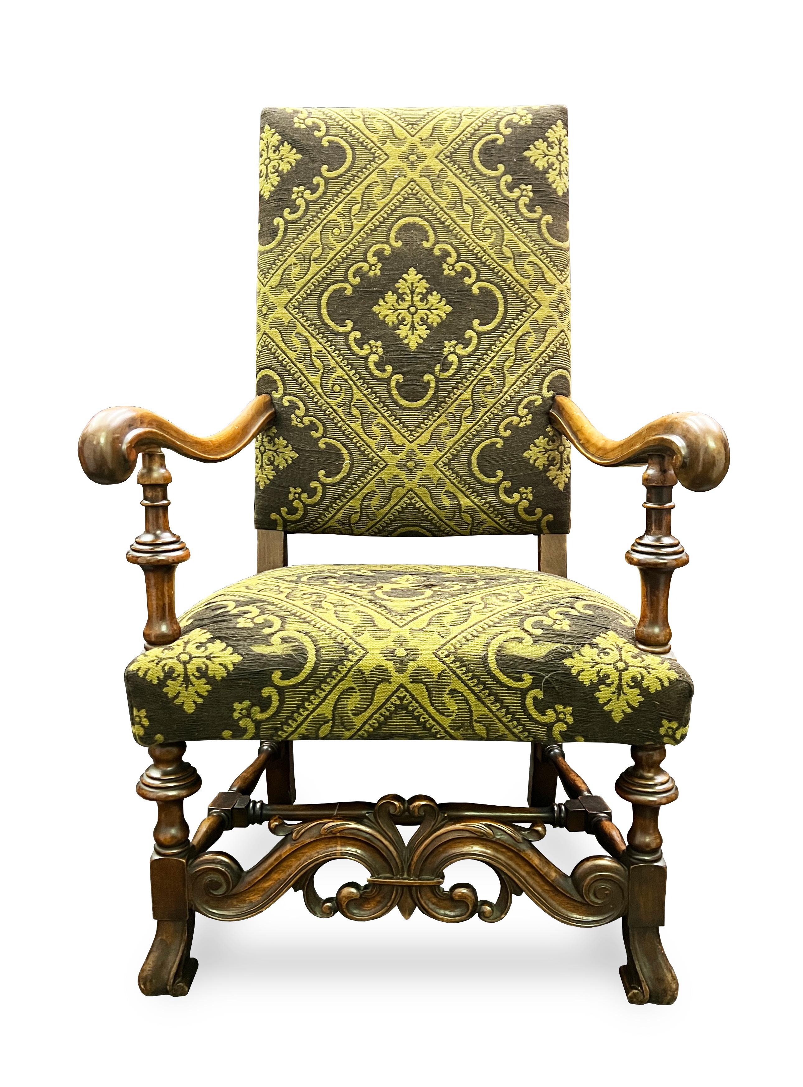 Woodwork Italian Baroque Style Upholstered Walnut Armchair For Sale