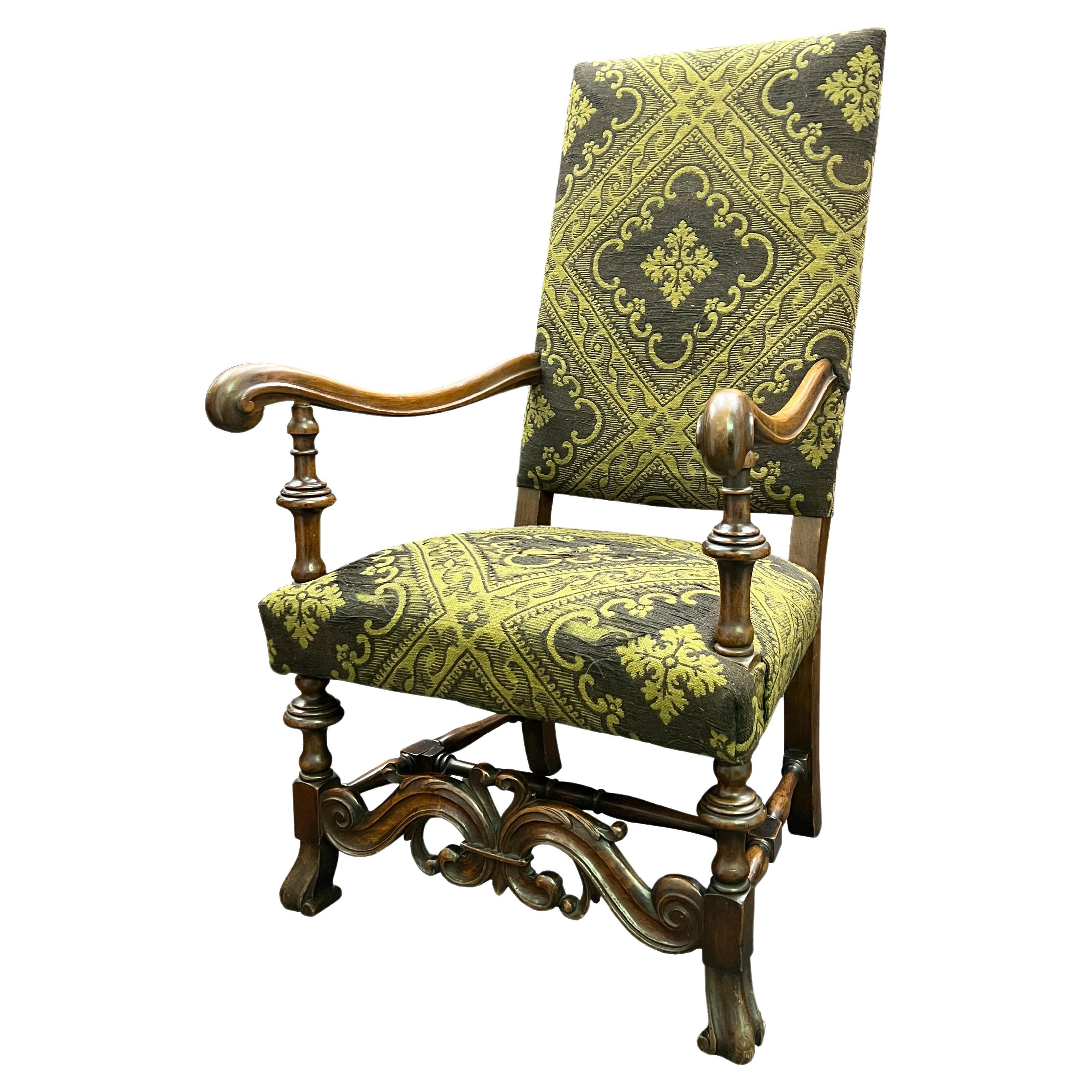 Italian Baroque Style Upholstered Walnut Armchair For Sale