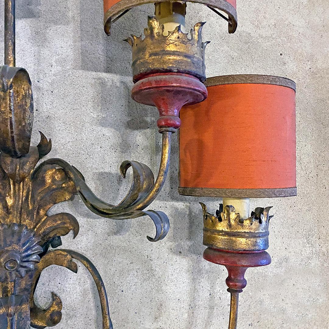 Metal Italian Baroque Style Wall Lamp with Five Arms, Original Red Lampshades, 1950s For Sale