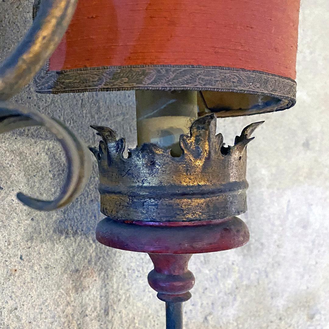 Italian Baroque Style Wall Lamp with Five Arms, Original Red Lampshades, 1950s For Sale 2