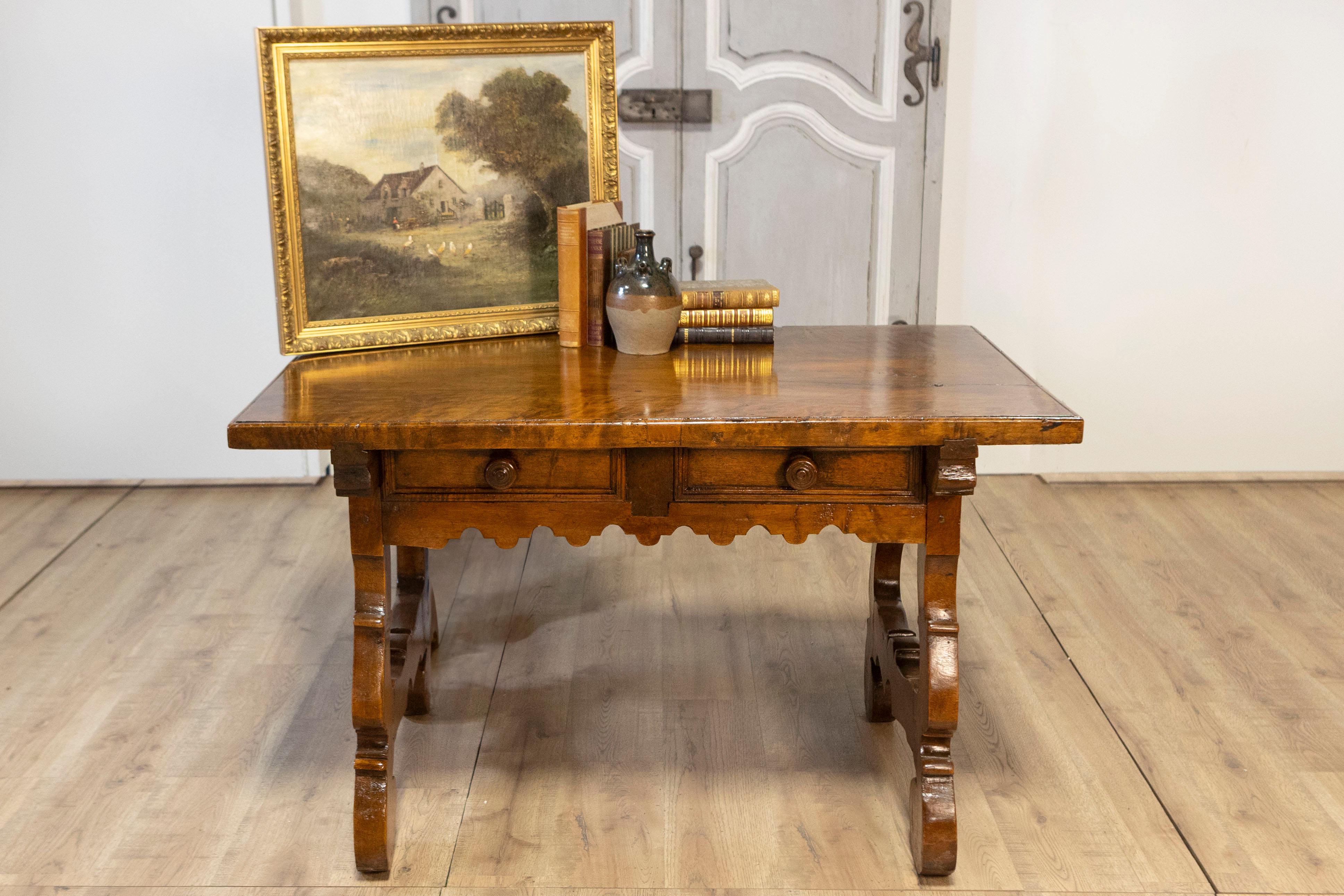 Italian Baroque Style Walnut 19th Century Fratino Table with Carved Lyre Base For Sale 13