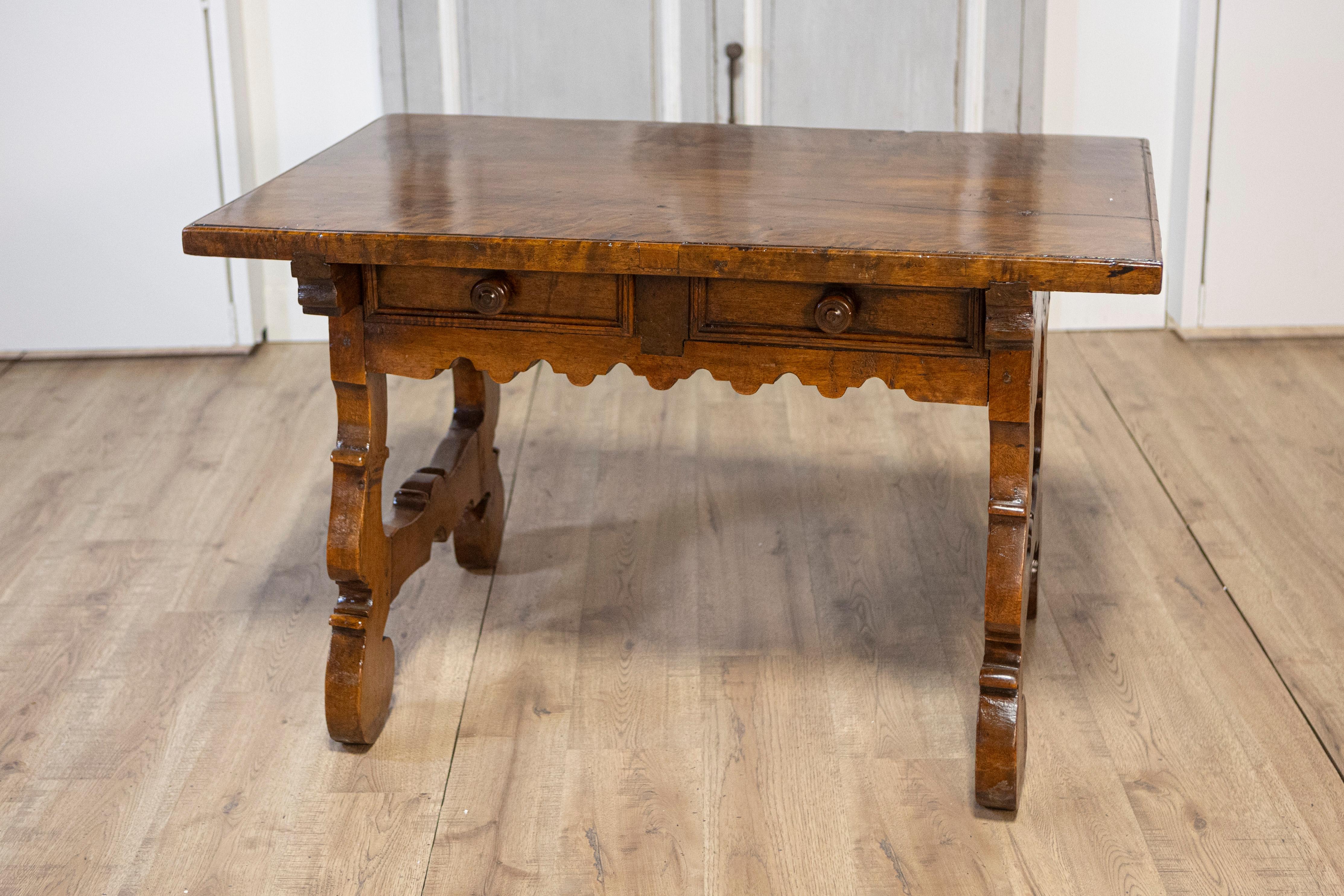 Italian Baroque Style Walnut 19th Century Fratino Table with Carved Lyre Base In Good Condition For Sale In Atlanta, GA
