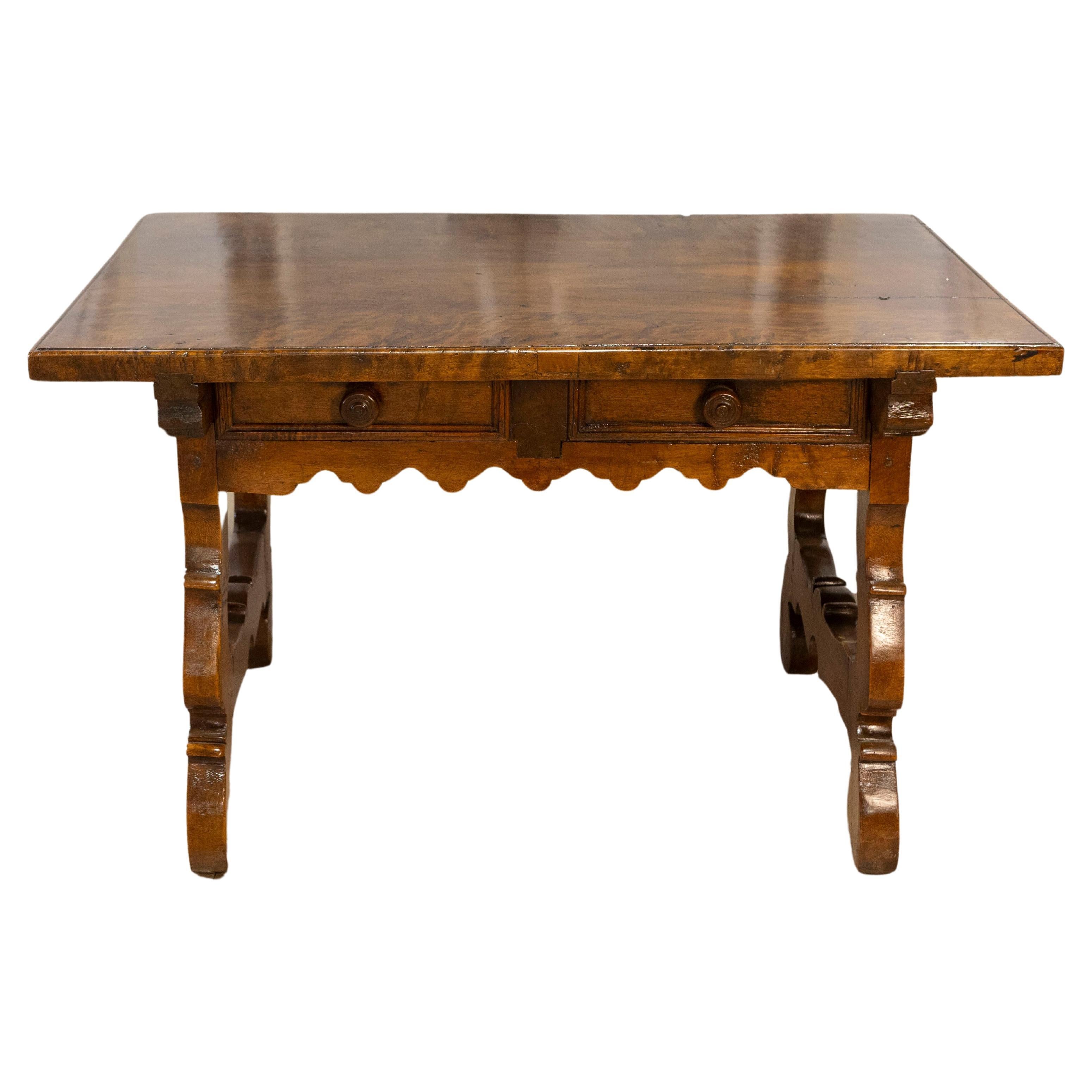 Italian Baroque Style Walnut 19th Century Fratino Table with Carved Lyre Base