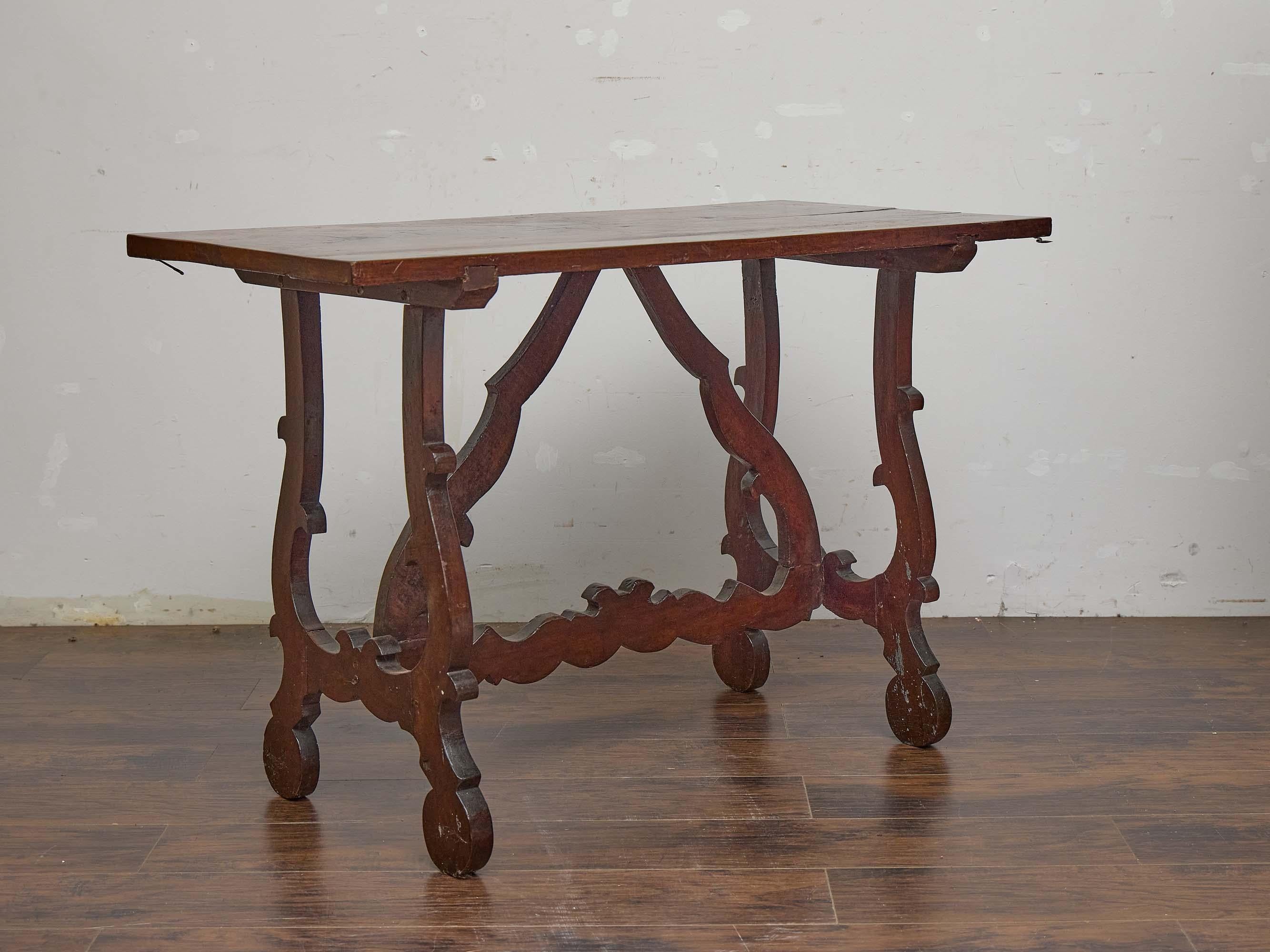 Carved Italian Baroque Style Walnut Console Table with Shaped Stretcher, circa 1800 For Sale