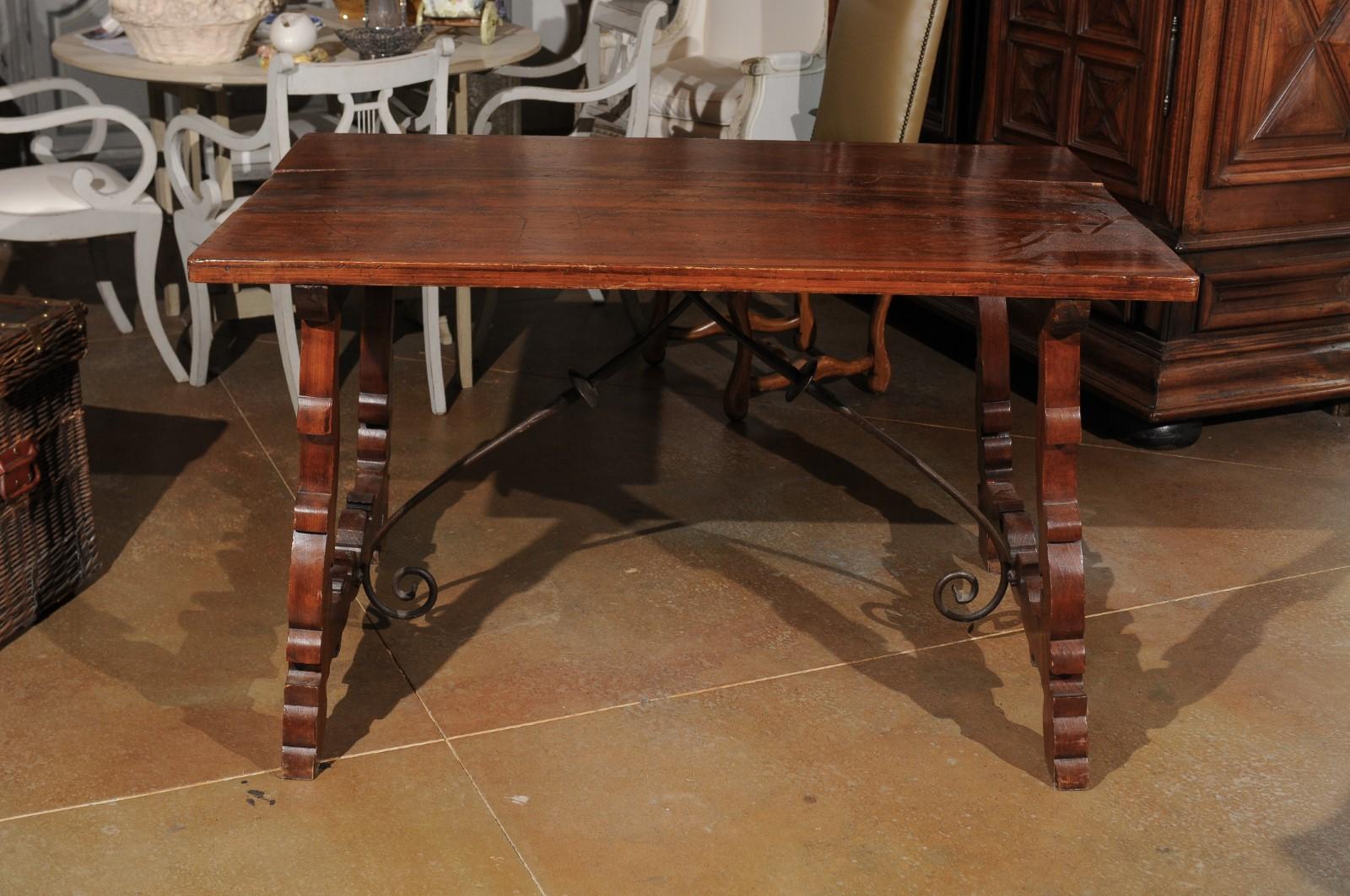Italian Baroque Style Walnut Fratino Table with Lyre Base and Iron Stretchers 7