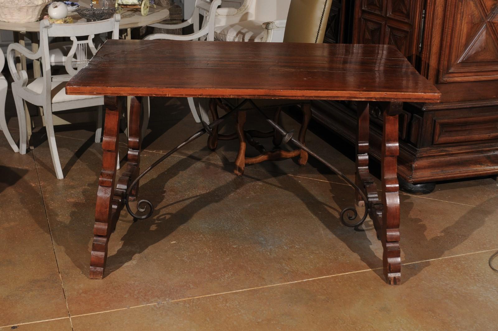 19th Century Italian Baroque Style Walnut Fratino Table with Lyre Base and Iron Stretchers