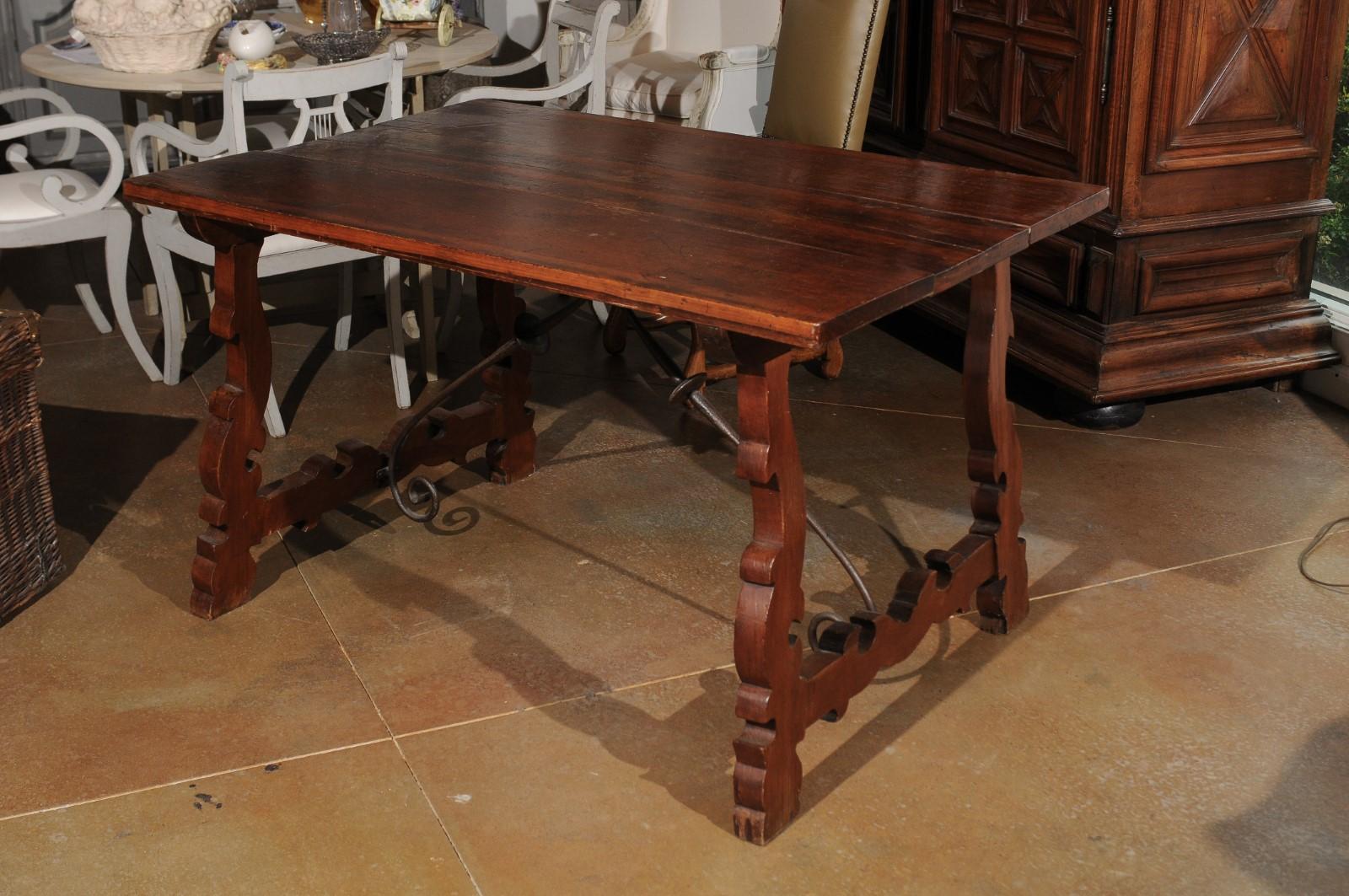Italian Baroque Style Walnut Fratino Table with Lyre Base and Iron Stretchers 1