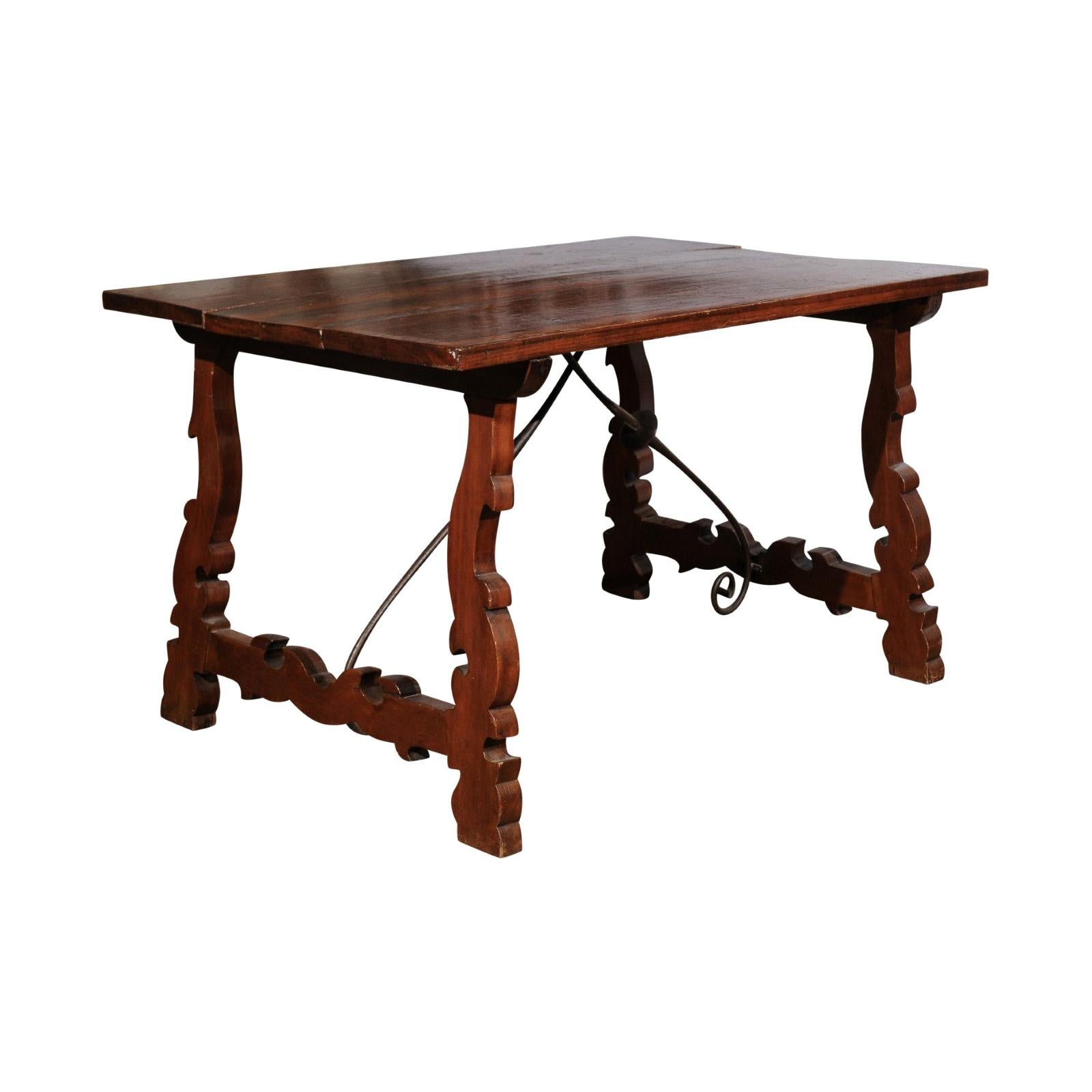 Italian Baroque Style Walnut Fratino Table with Lyre Base and Iron Stretchers