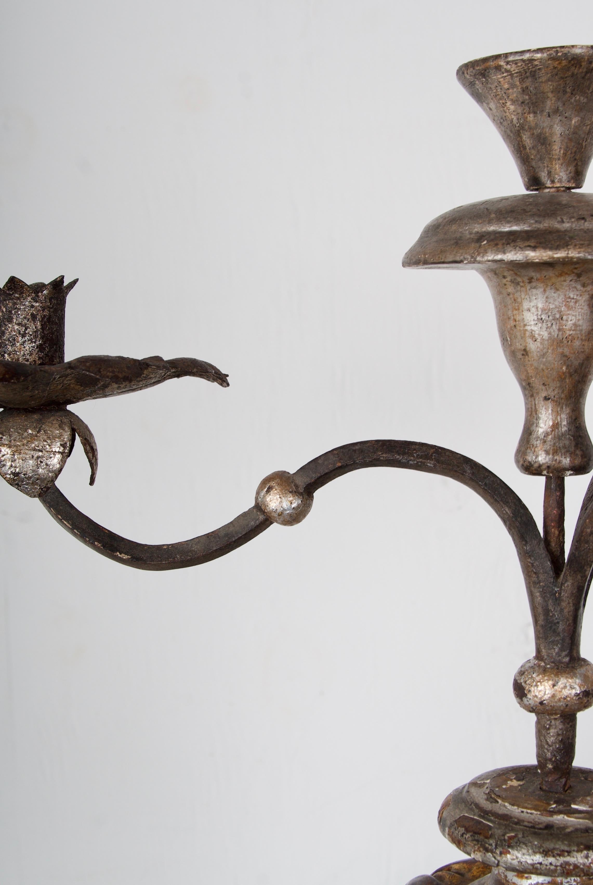 Antique Candlesticks/ Torchere's, hand carved Wood and forged Iron. Three Candes For Sale 7