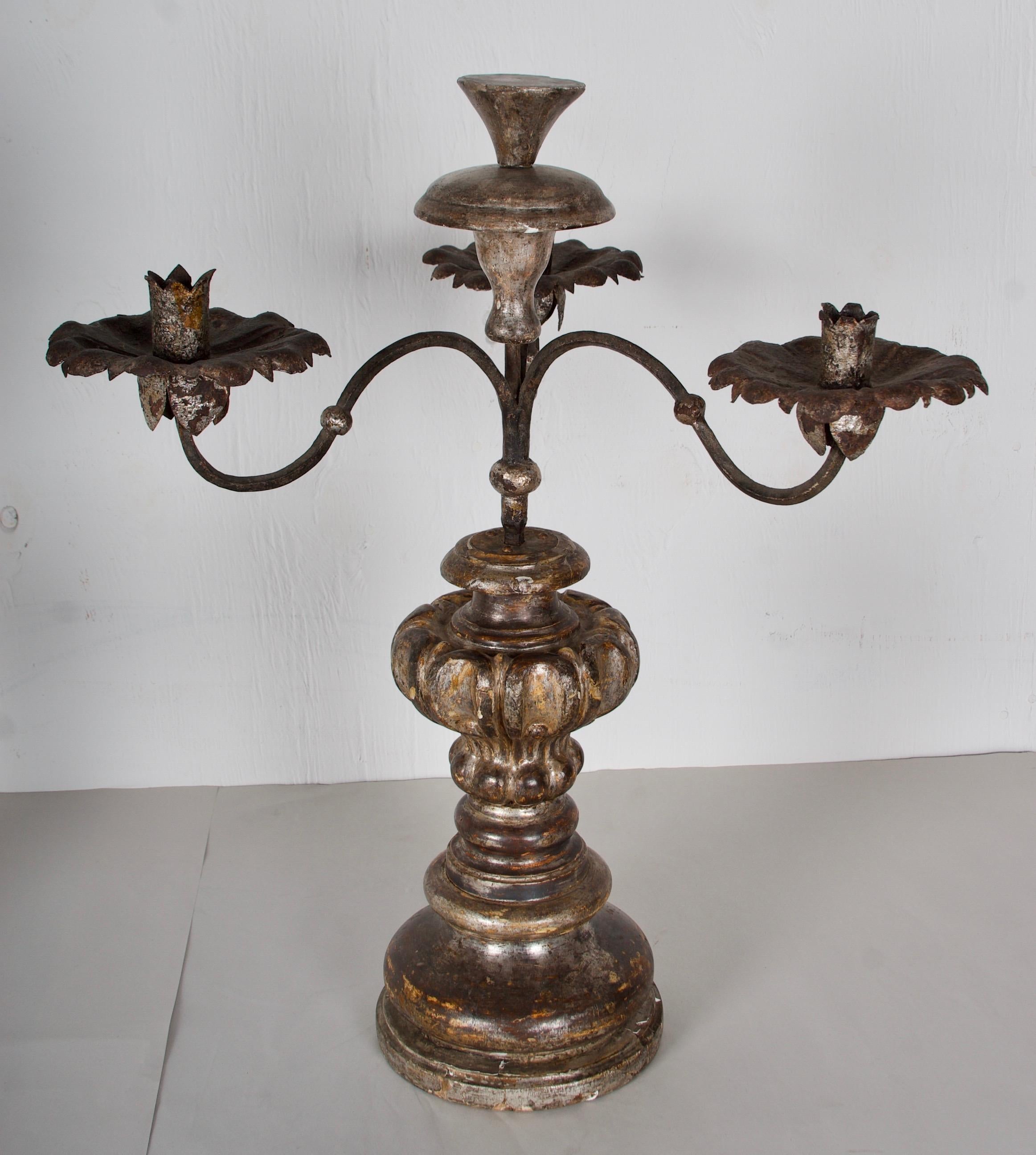 Baroque Antique Candlesticks/ Torchere's, hand carved Wood and forged Iron. Three Candes For Sale