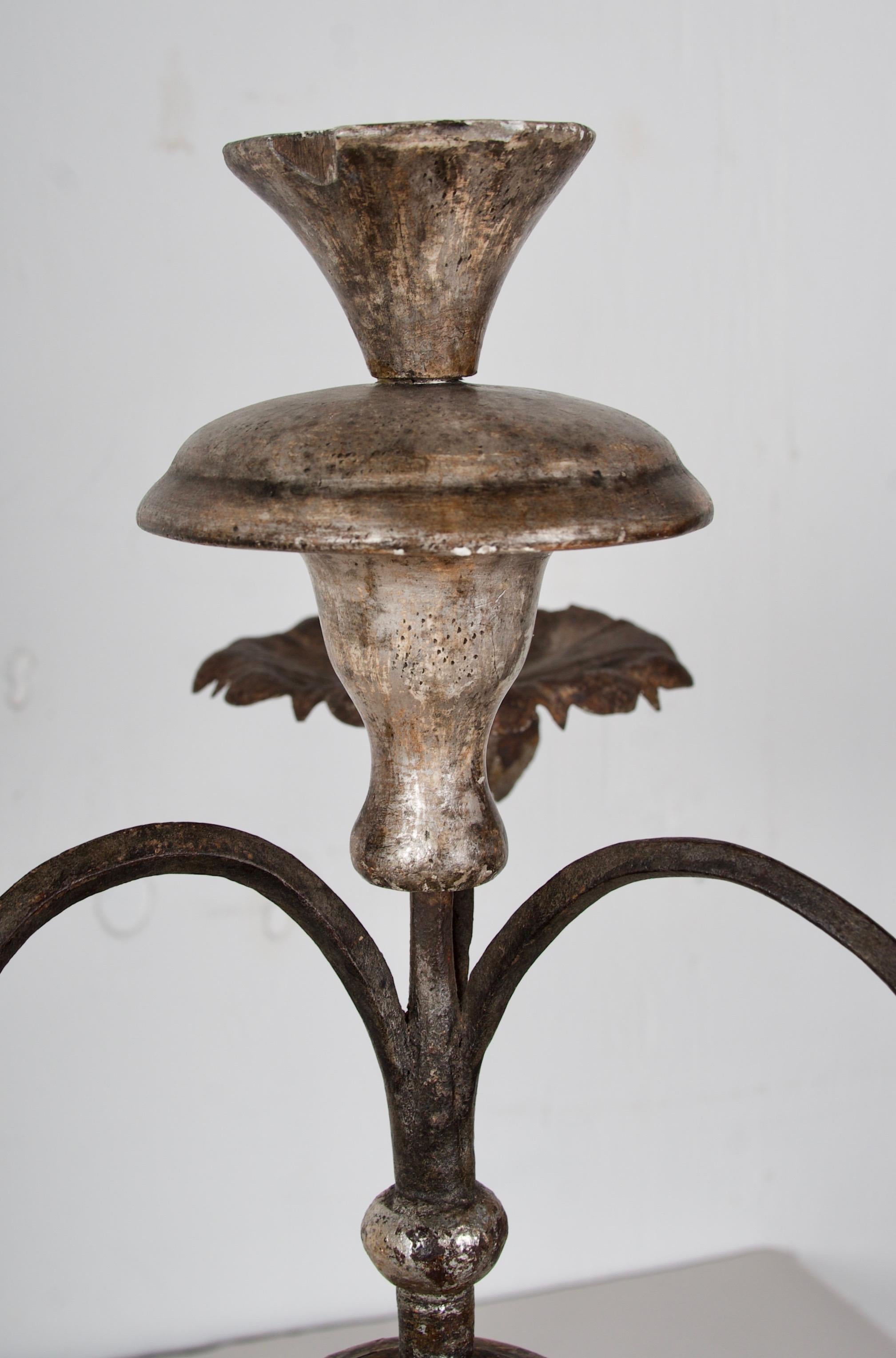 Antique Candlesticks/ Torchere's, hand carved Wood and forged Iron. Three Candes For Sale 1