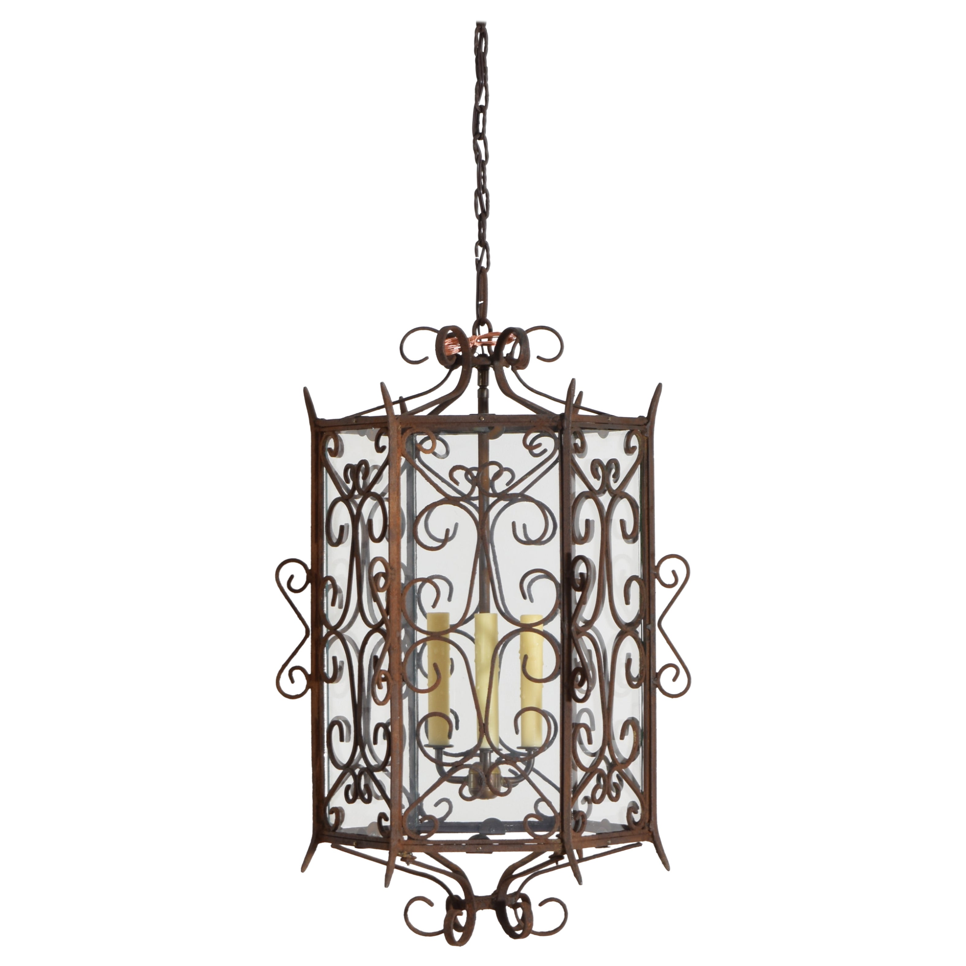 Italian Baroque Style Wrought Iron Hexagonal Lantern, early 19th cen. or earlier For Sale