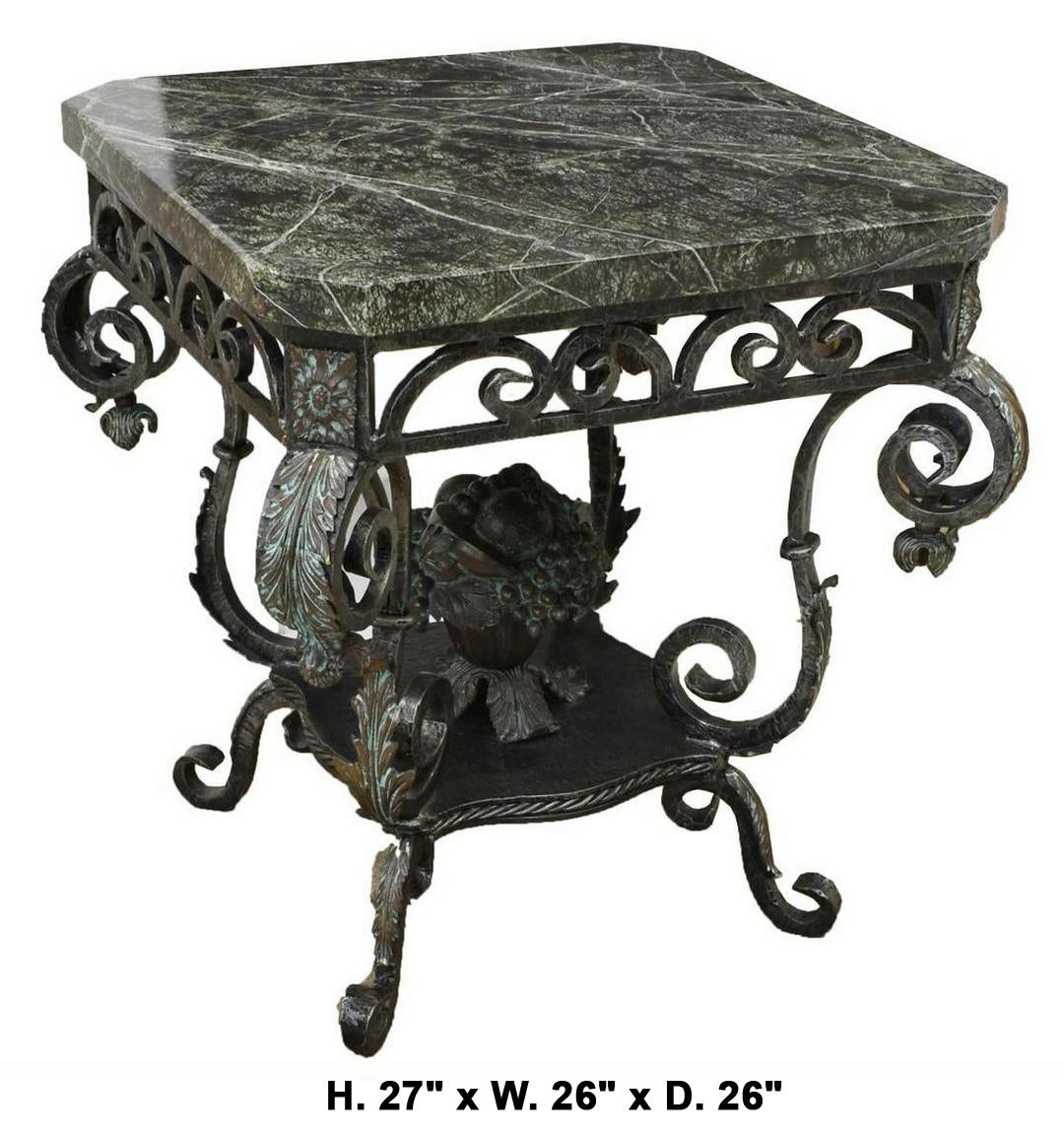 An Italian Baroque style table,
20th century.  

A square green marble top, rests over a scroll-motif wrought iron frieze decorated with rosettes, above four acanthus decorated scrolling legs, conjoined by a platform centered by an iron floral