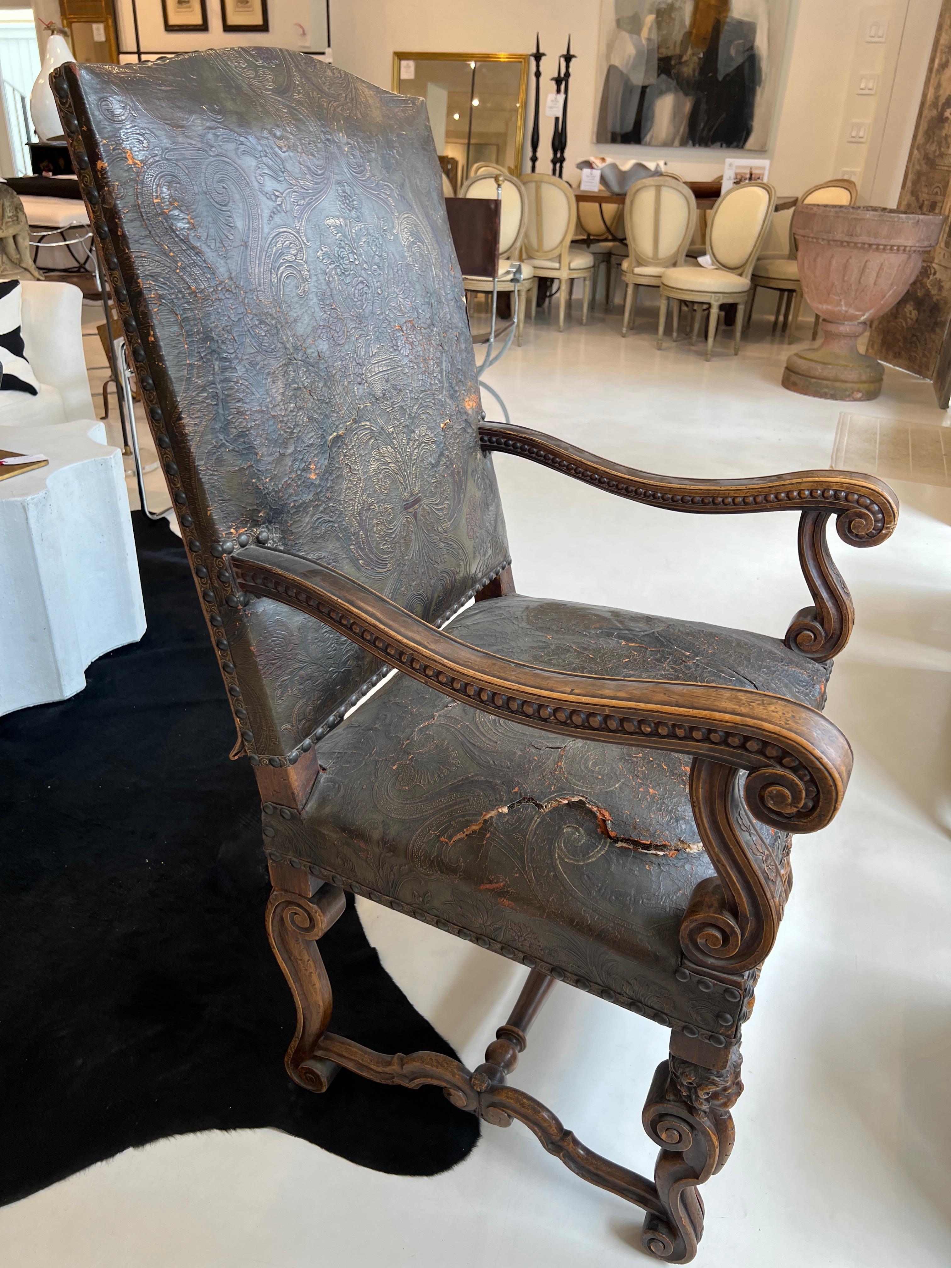 Italian Baroque Tooled Leather Armchair, Late 19th Century 7