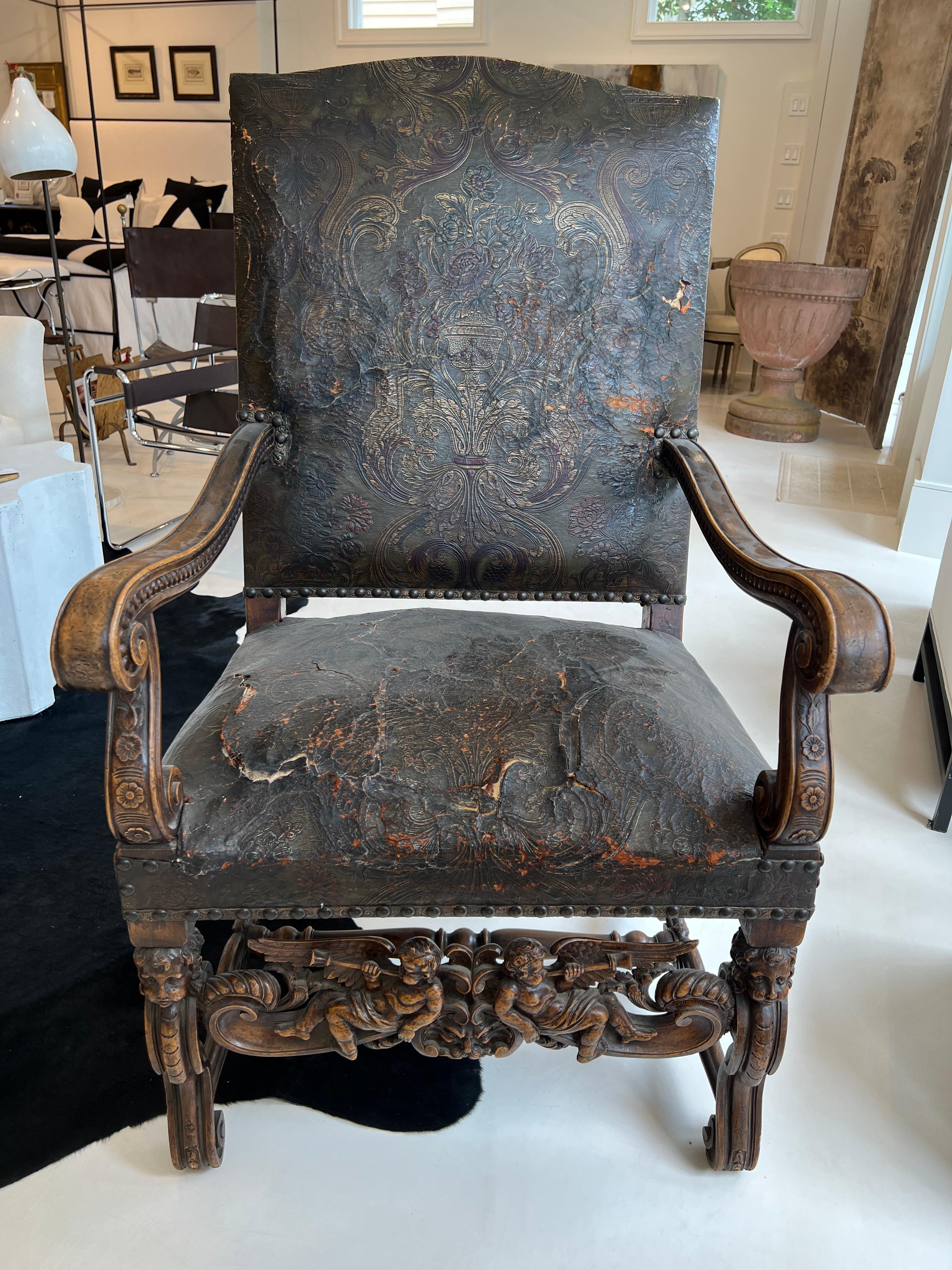 Italian Baroque Tooled Leather Armchair, Late 19th Century 8