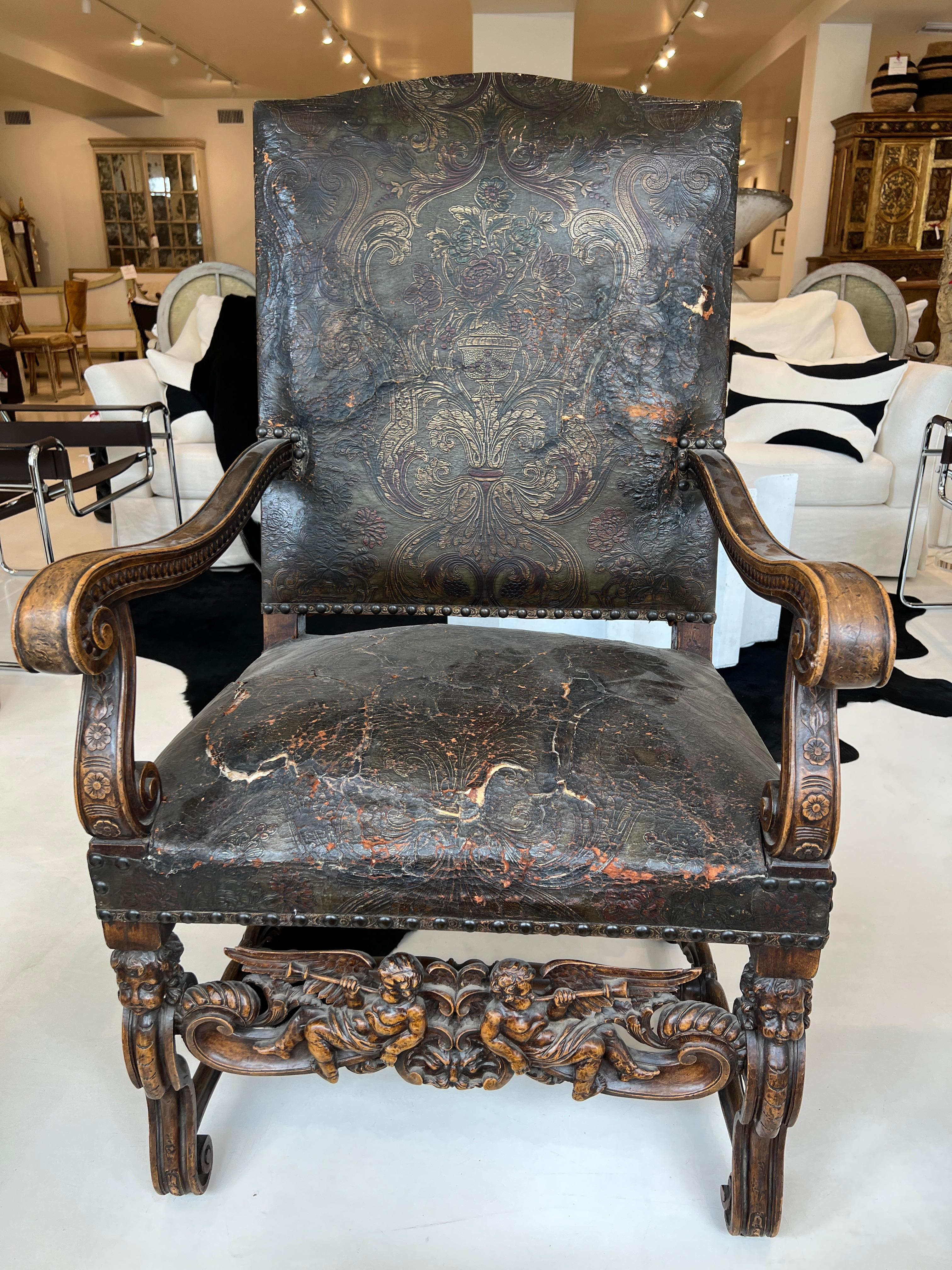 Italian Baroque Tooled Leather Armchair, Late 19th Century In Distressed Condition In New Orleans, LA