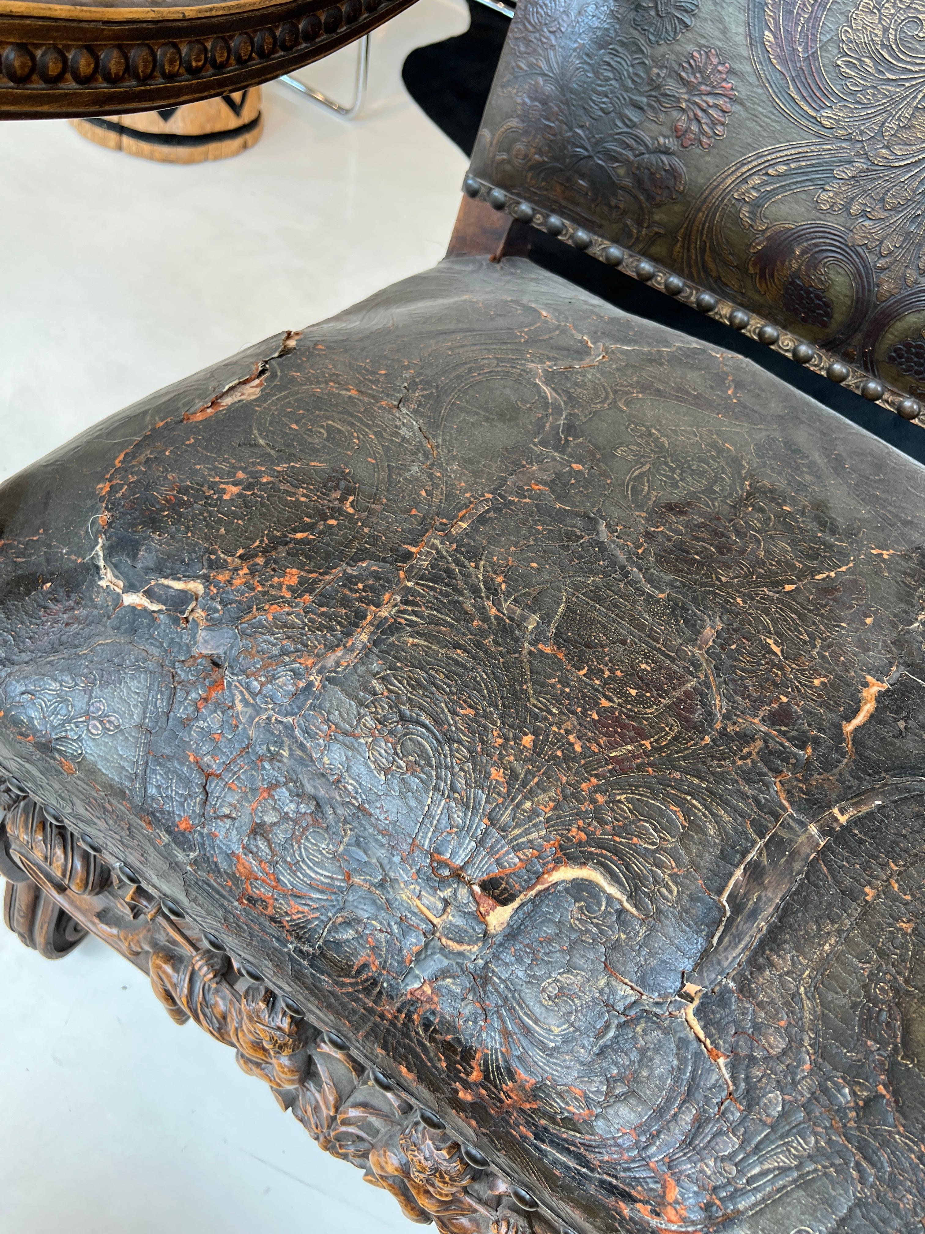 Italian Baroque Tooled Leather Armchair, Late 19th Century 3