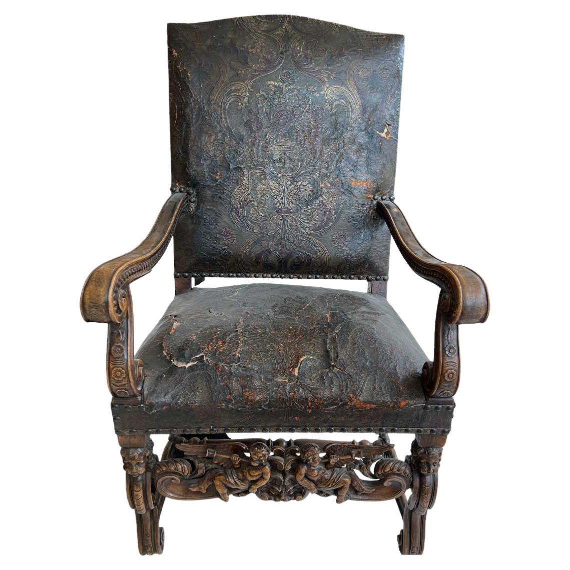 Italian Baroque Tooled Leather Armchair, Late 19th Century