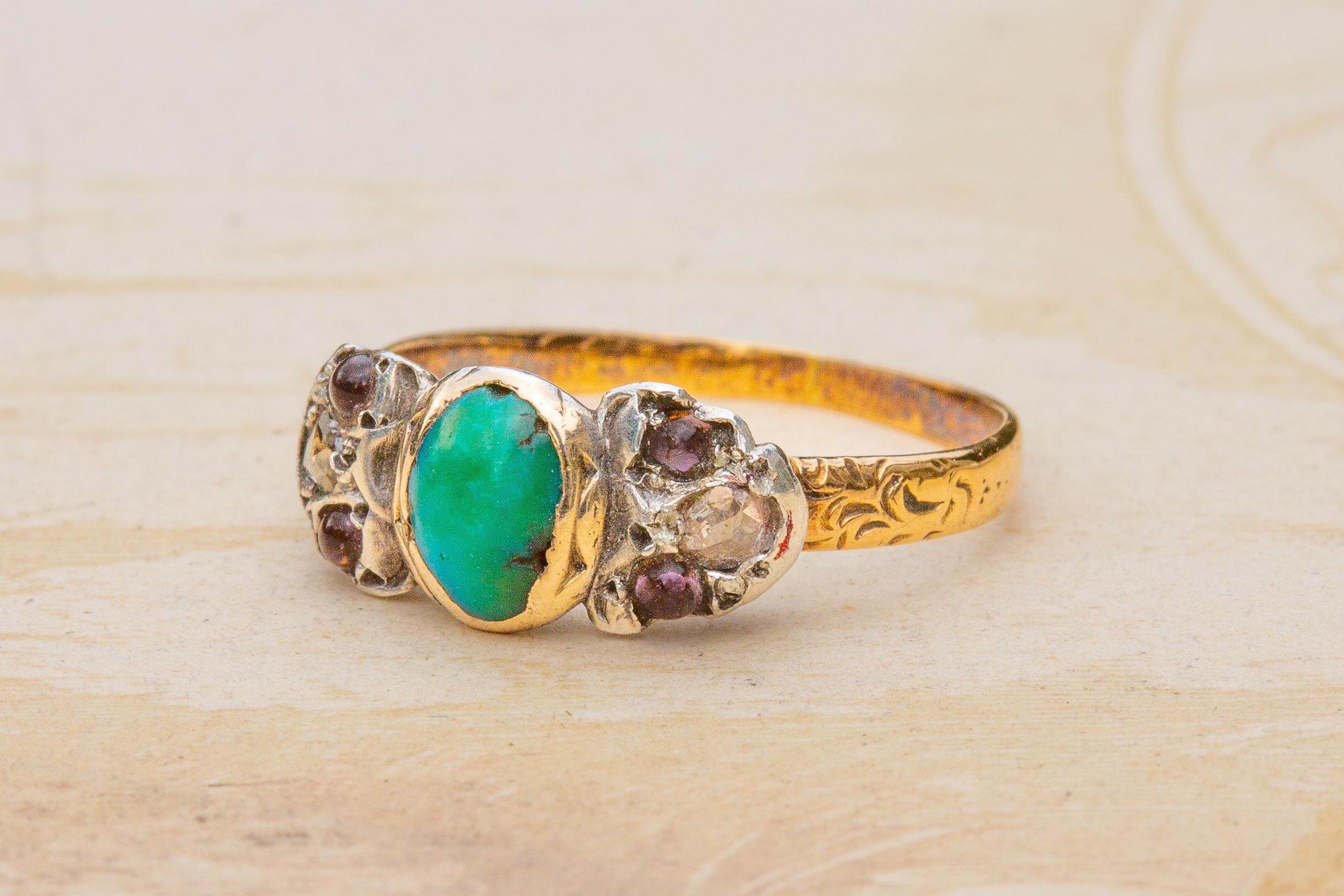 Cabochon Italian Baroque Turquoise Gold Bow Ring Antique 18th Century Engagement Ring For Sale