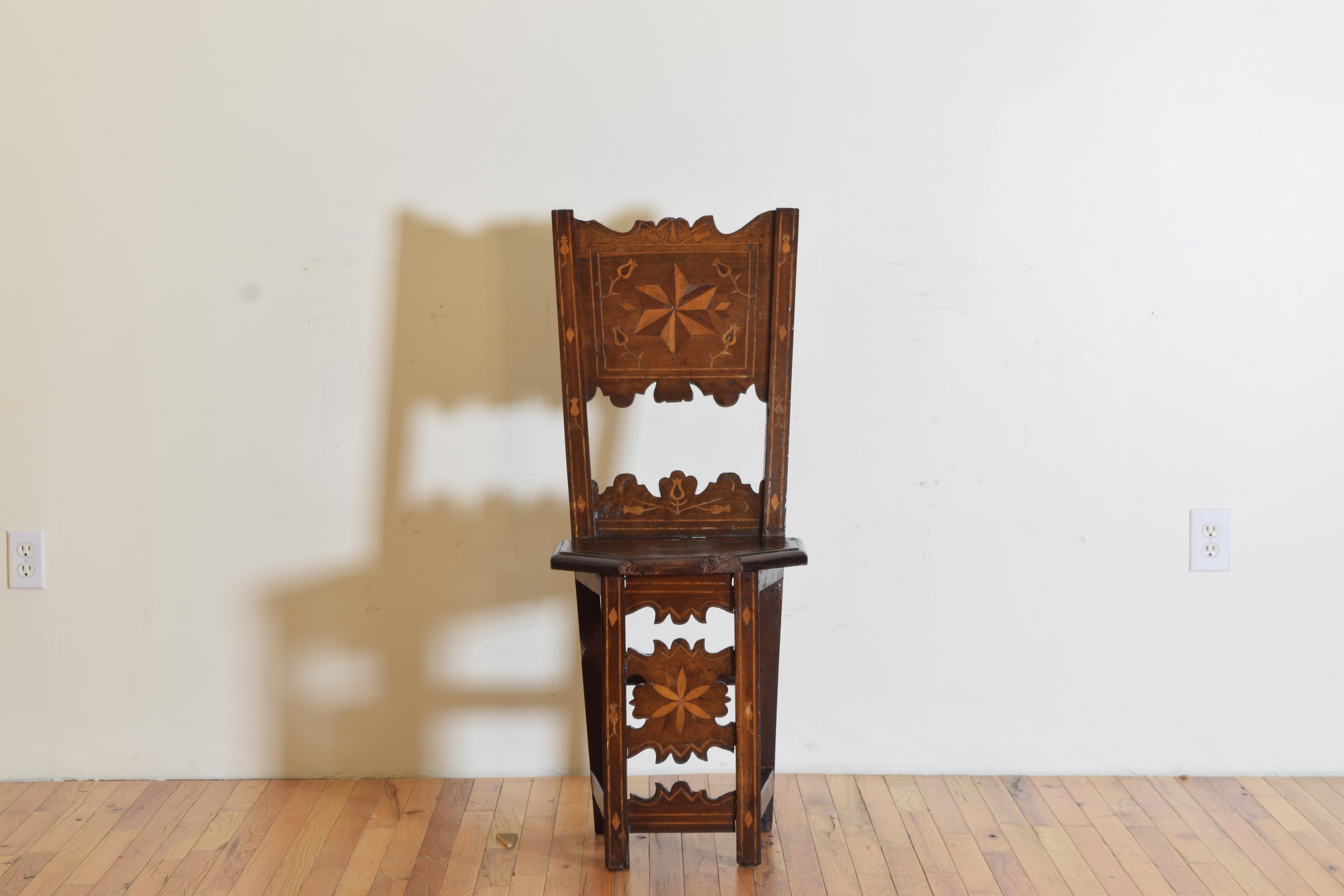 Italian Baroque Walnut and Inlaid Convent Chair, Mid 17th Century In Fair Condition In Atlanta, GA