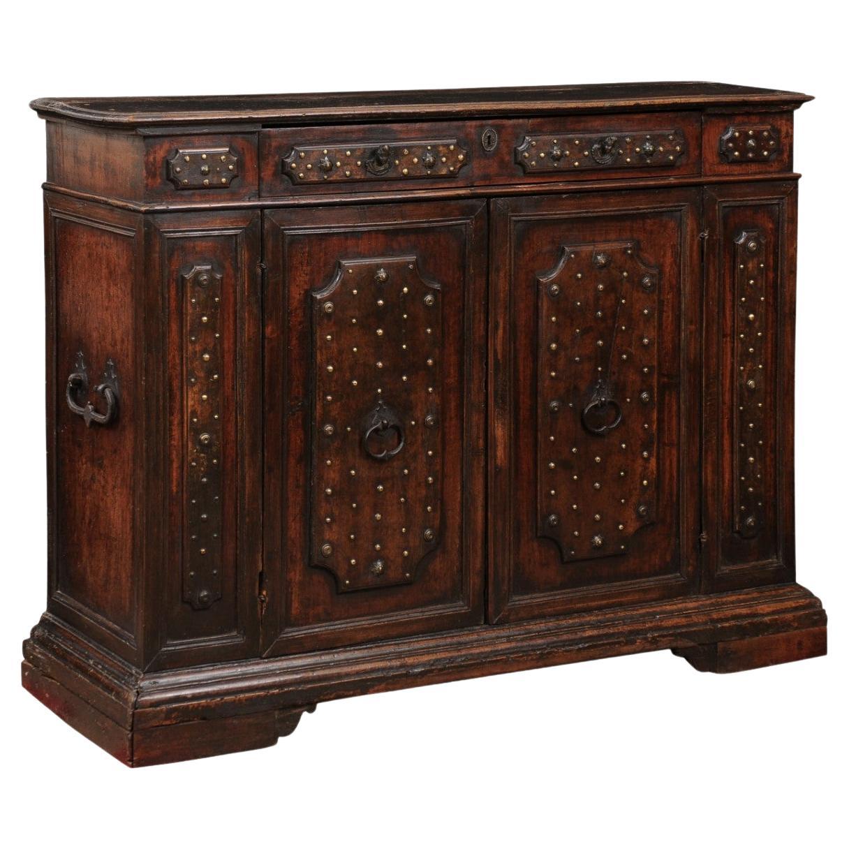 Italian Baroque Walnut Credenza with Brass Studs, 1 Drawer and 2 door Cabinet  For Sale