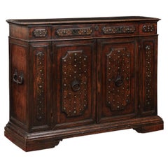 Italian Baroque Walnut Credenza with Brass Studs, 1 Drawer and 2 door Cabinet
