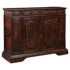 Italian Baroque Walnut Credenza with Brass Studs, 1 Drawer and 2 door Cabinet 