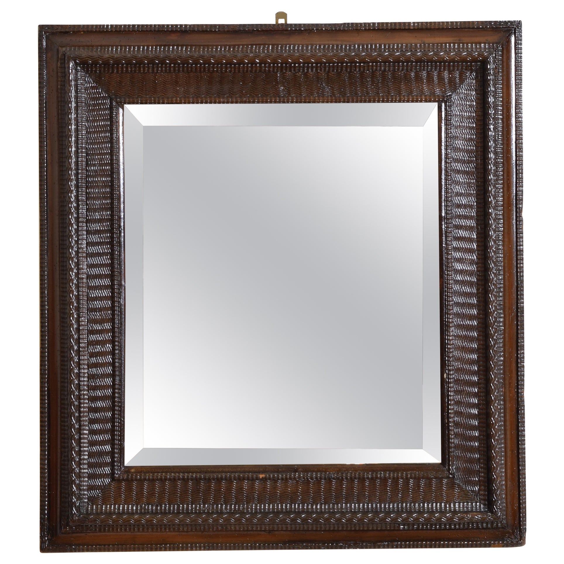 Italian Baroque Walnut Guilloche Carved Mirror, 17th/18th Century