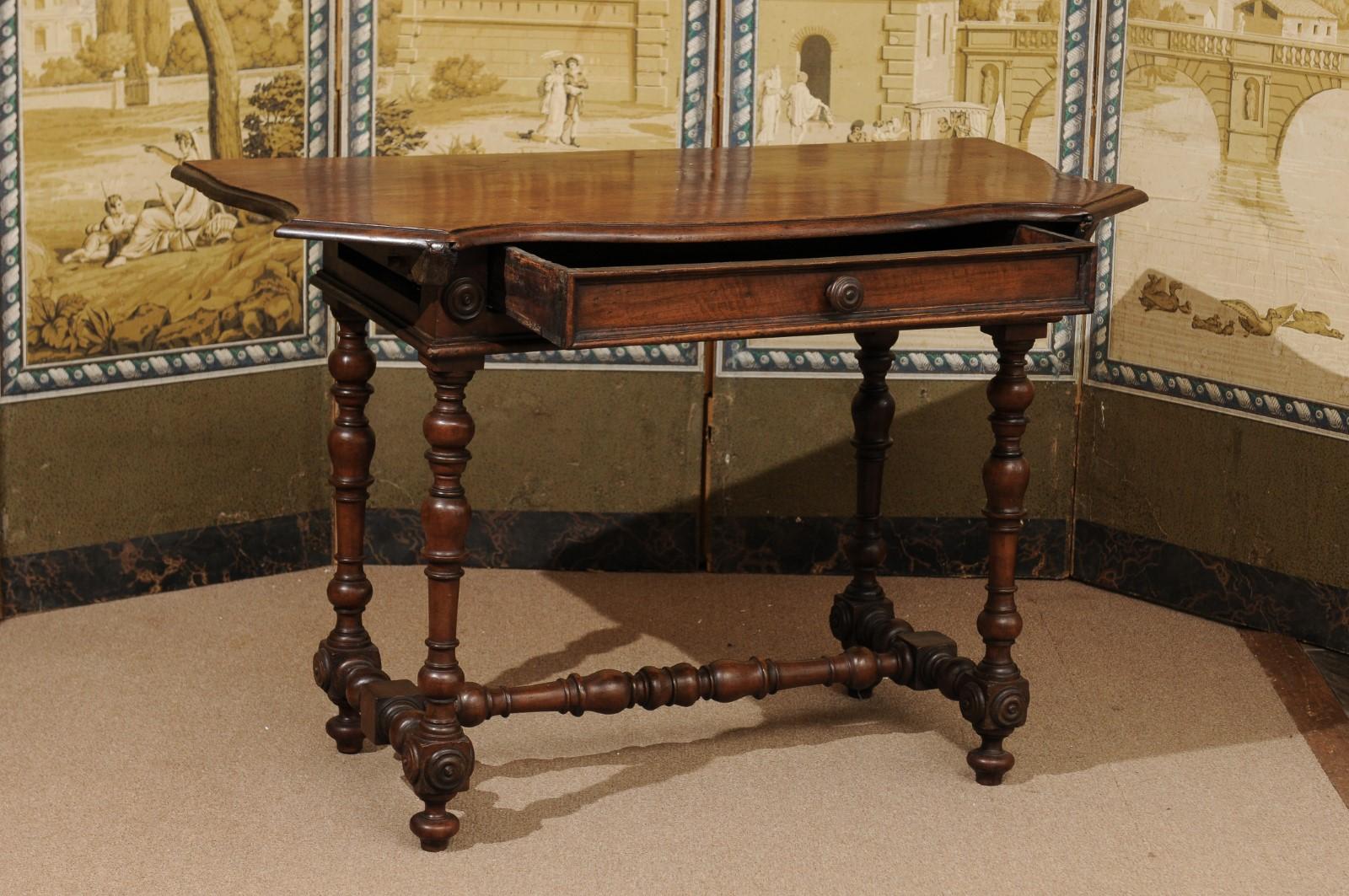 Turned Italian Baroque Walnut Serpentine Console Table, Late 17th Century