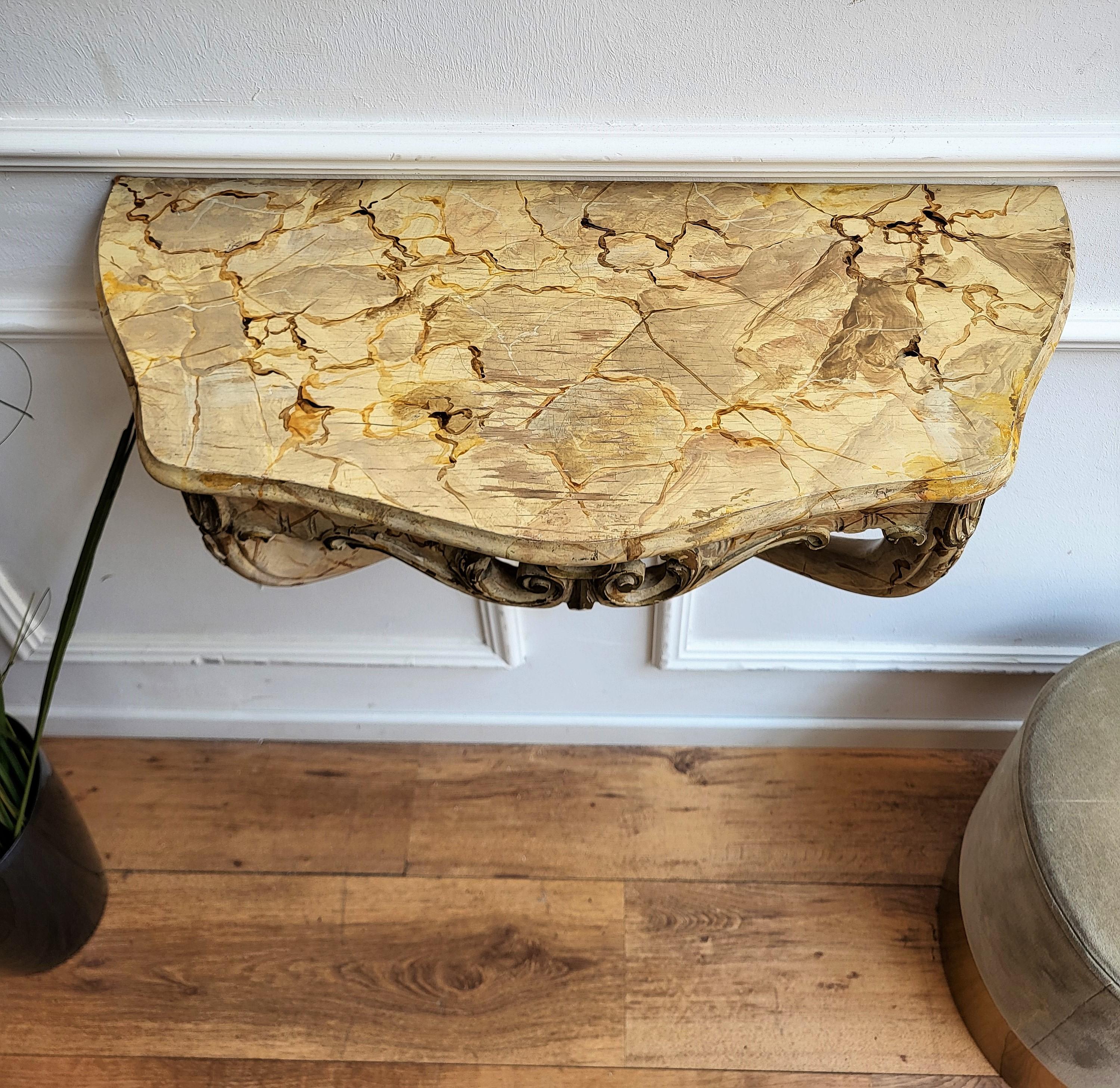 20th Century Italian Baroque Wooden Carved Painted Wall Mounted Console Table Shelf For Sale