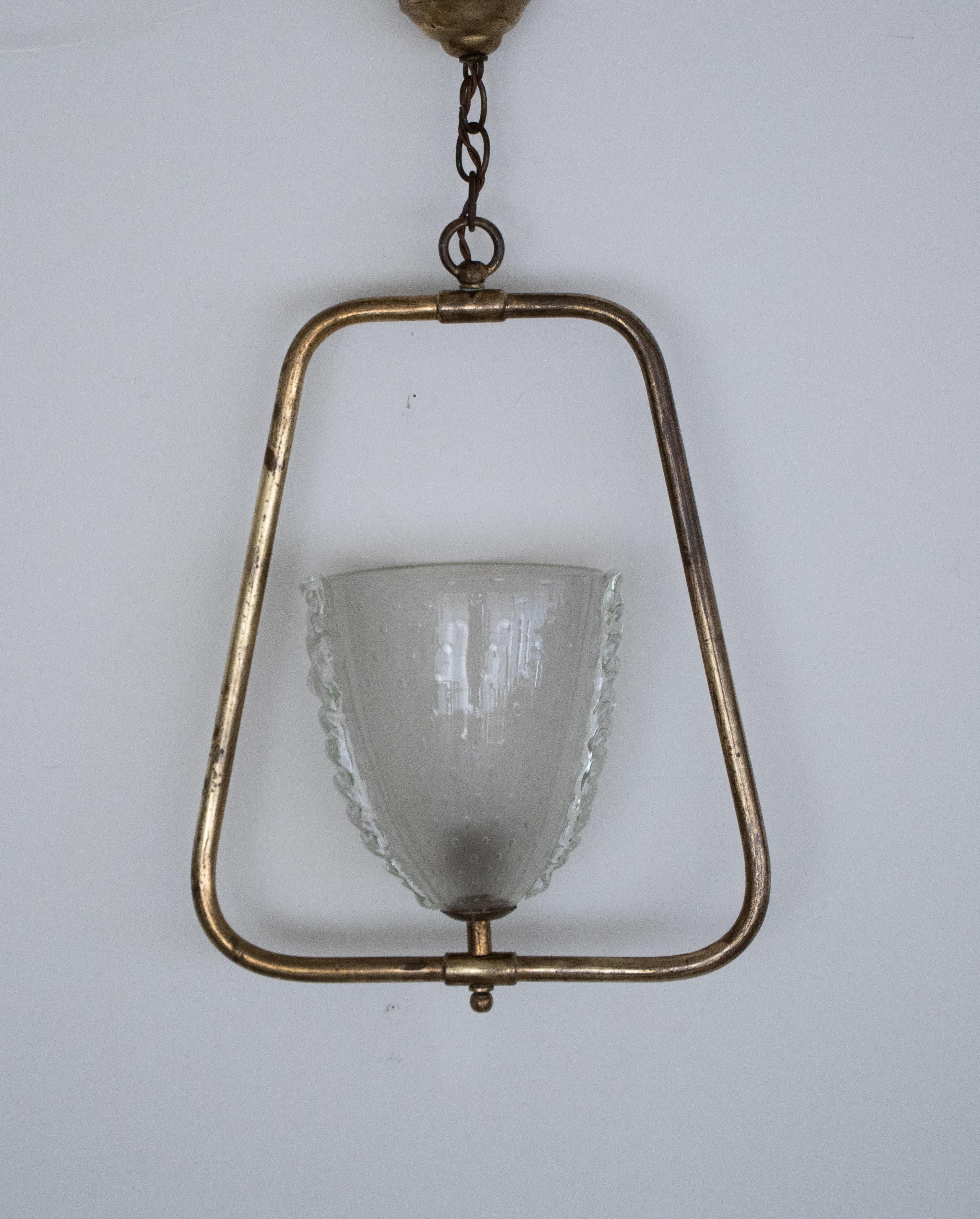 Italian Barovier Glass and Brass Pendant Light In Good Condition In Los Angeles, CA