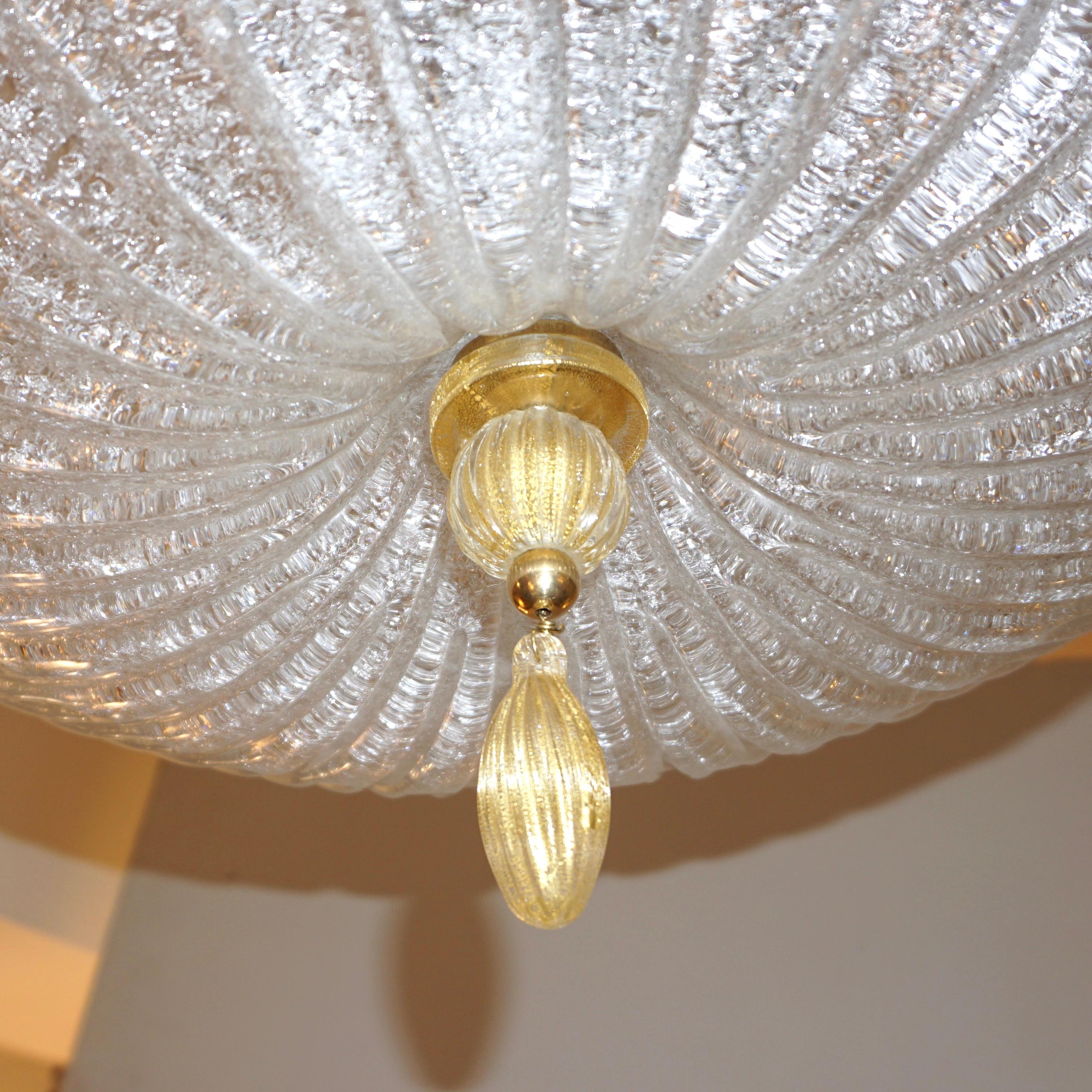 Hand-Crafted Italian Barovier Toso Style Amber & Reeded Crystal Clear Murano Glass Flushmount For Sale