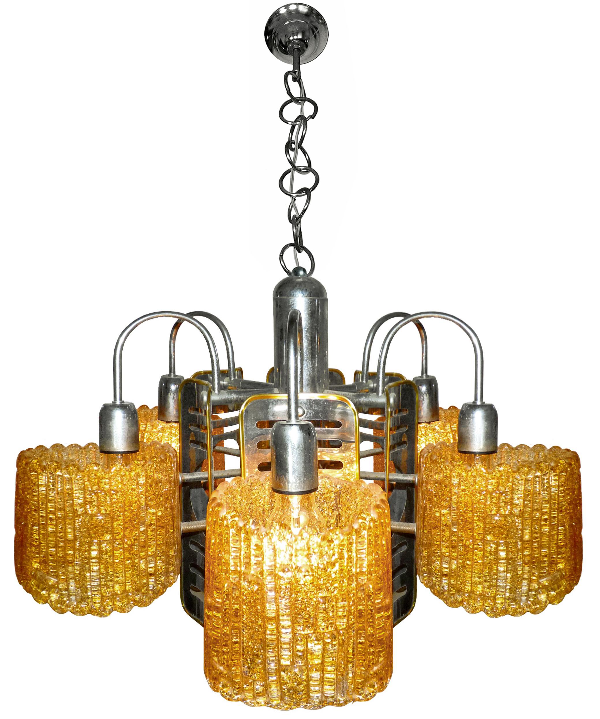 Rare gorgeous Italian chrome midcentury Murano amber art glass chandelier in the style of Barovier & Toso with drum hand blown Graniglia textured glass shades
Measures:
Diameter 28 in /71 cm
Height 40 in (20 in + 20 in/ chain); 100 cm (50 cm + 50