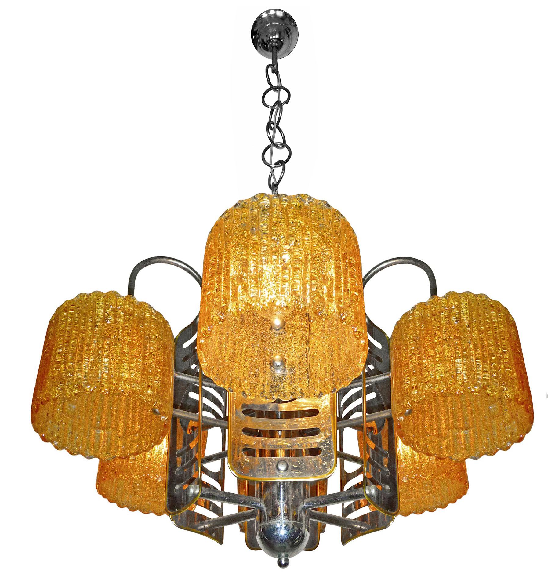Italian Barovier Toso Style Murano Amber Art Glass & Chrome Sputnik Chandelier In Good Condition For Sale In Coimbra, PT