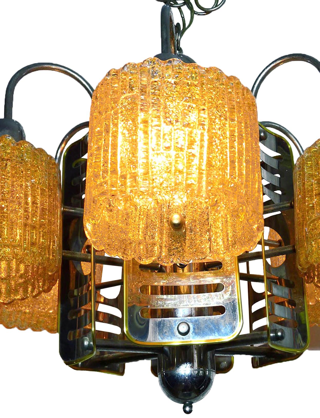 Italienischer Sputnik-Kronleuchter im Barovier Toso-Stil aus Murano-Bernstein-Kunstglas und Chrom (20. Jahrhundert) im Angebot