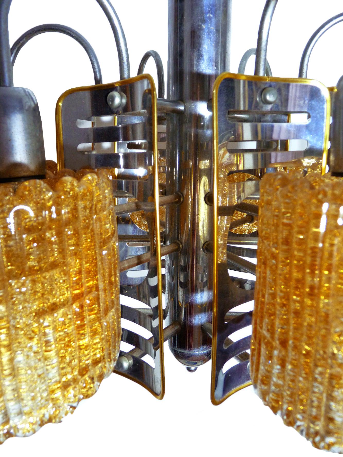 Italian Barovier Toso Style Murano Amber Art Glass & Chrome Sputnik Chandelier For Sale 1