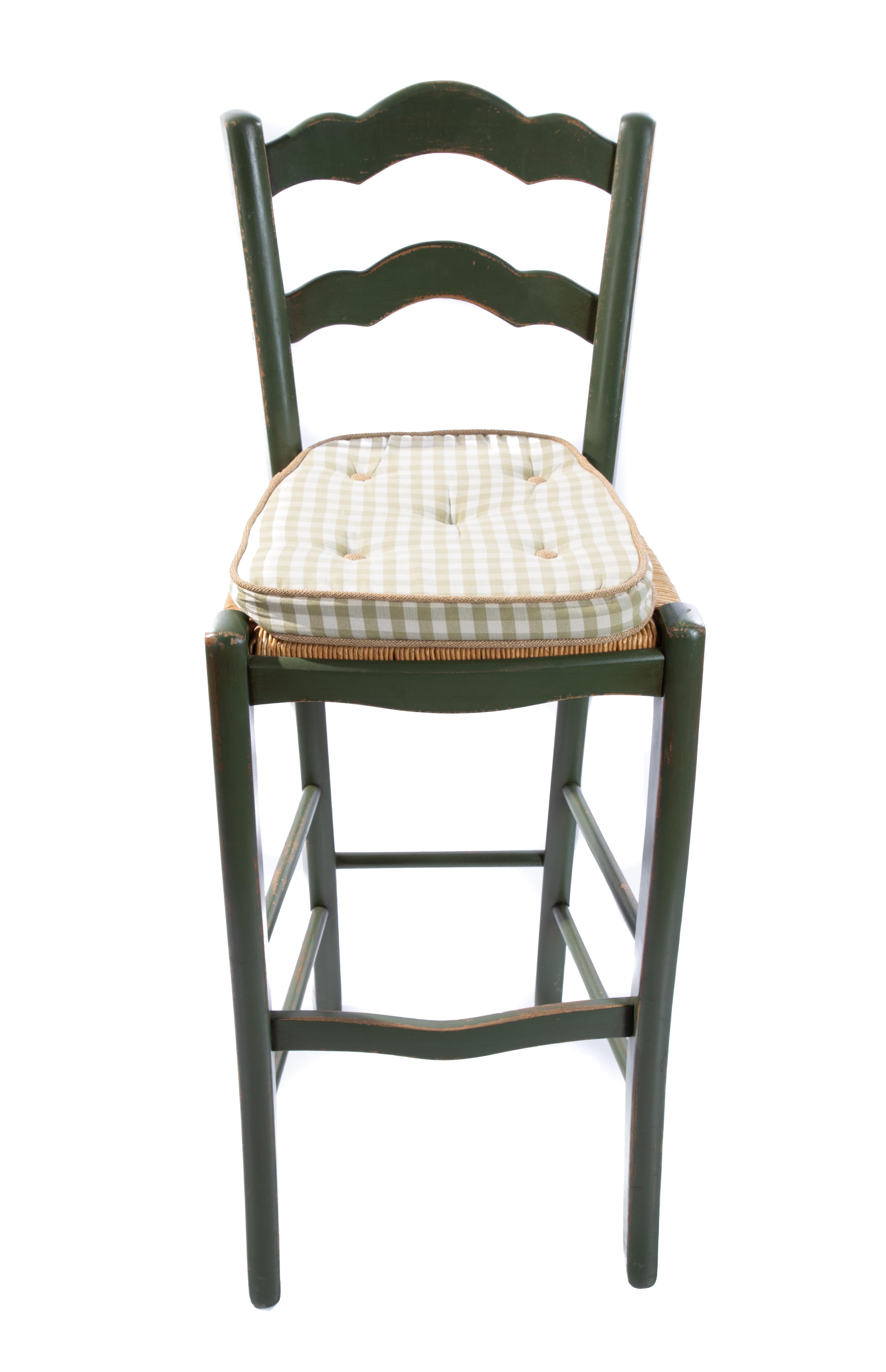 Woodwork Italian Barstools with Plaid Seat Cushions For Sale