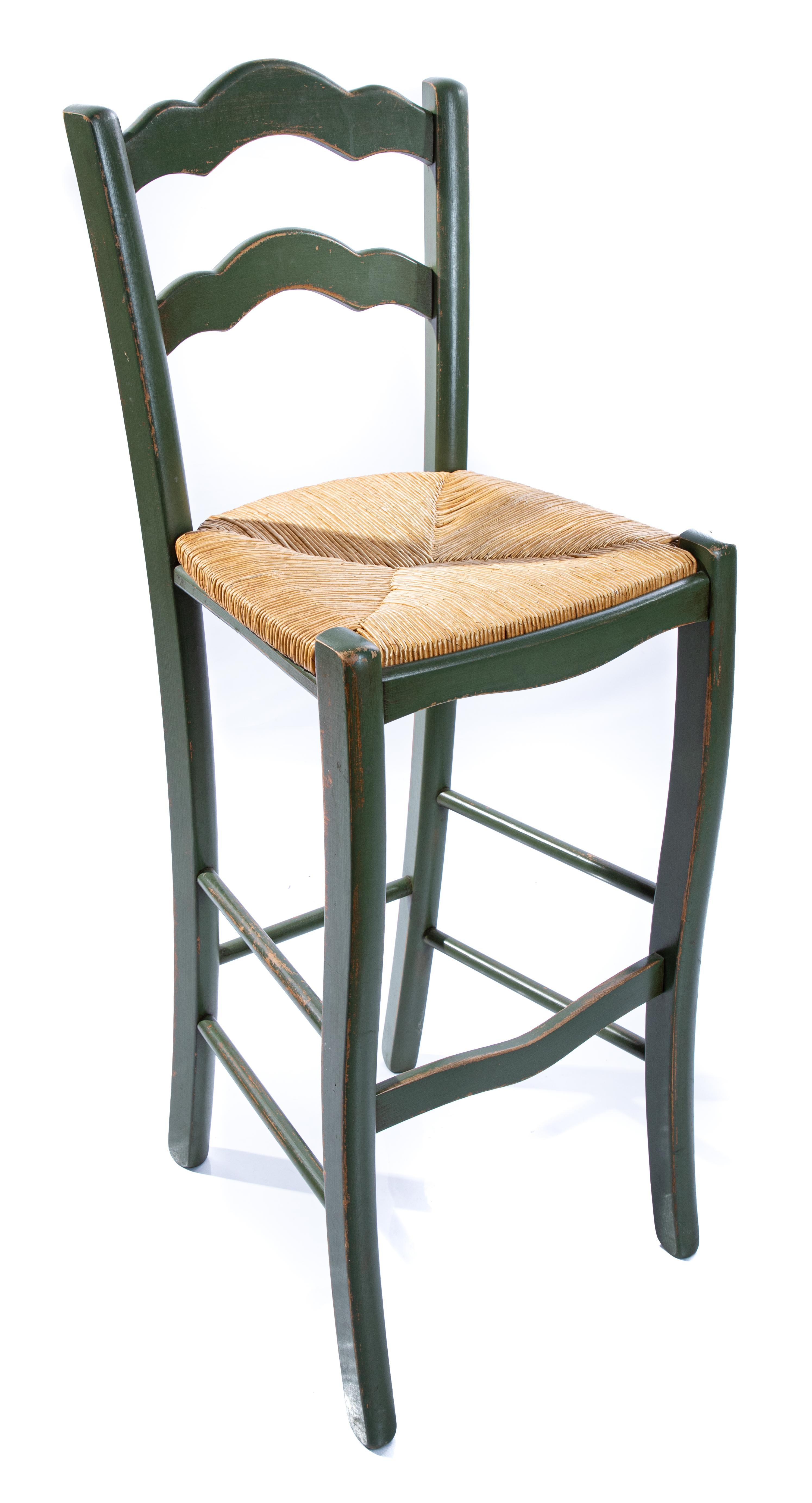 Rush Italian Barstools with Plaid Seat Cushions For Sale