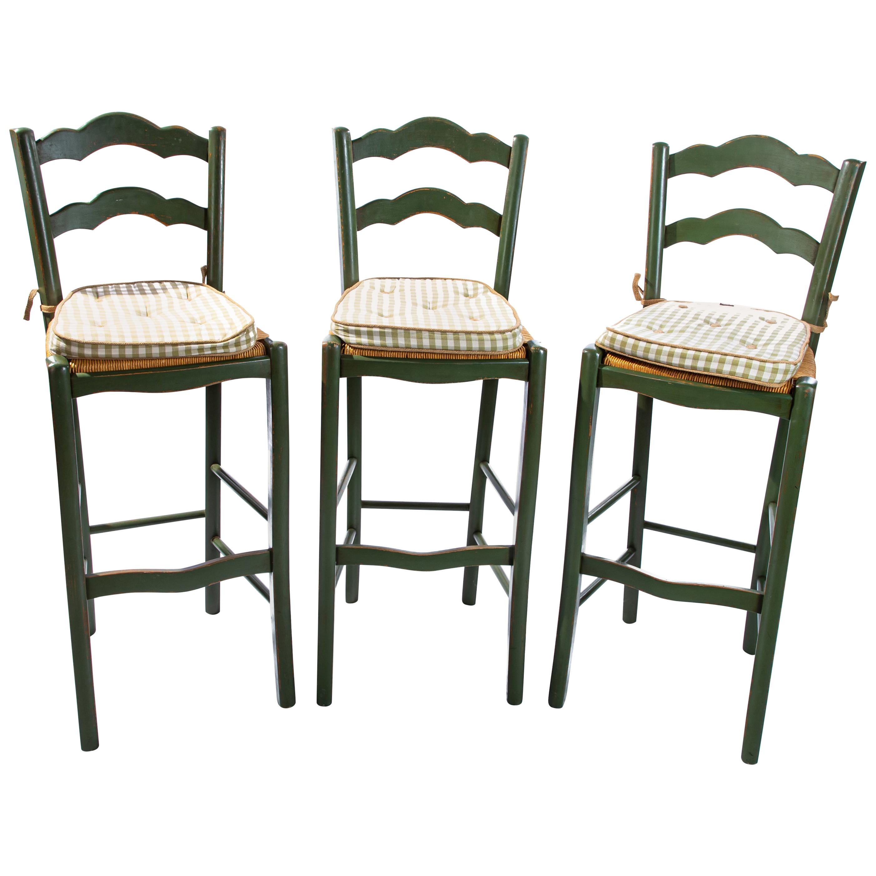 Italian Barstools with Plaid Seat Cushions For Sale