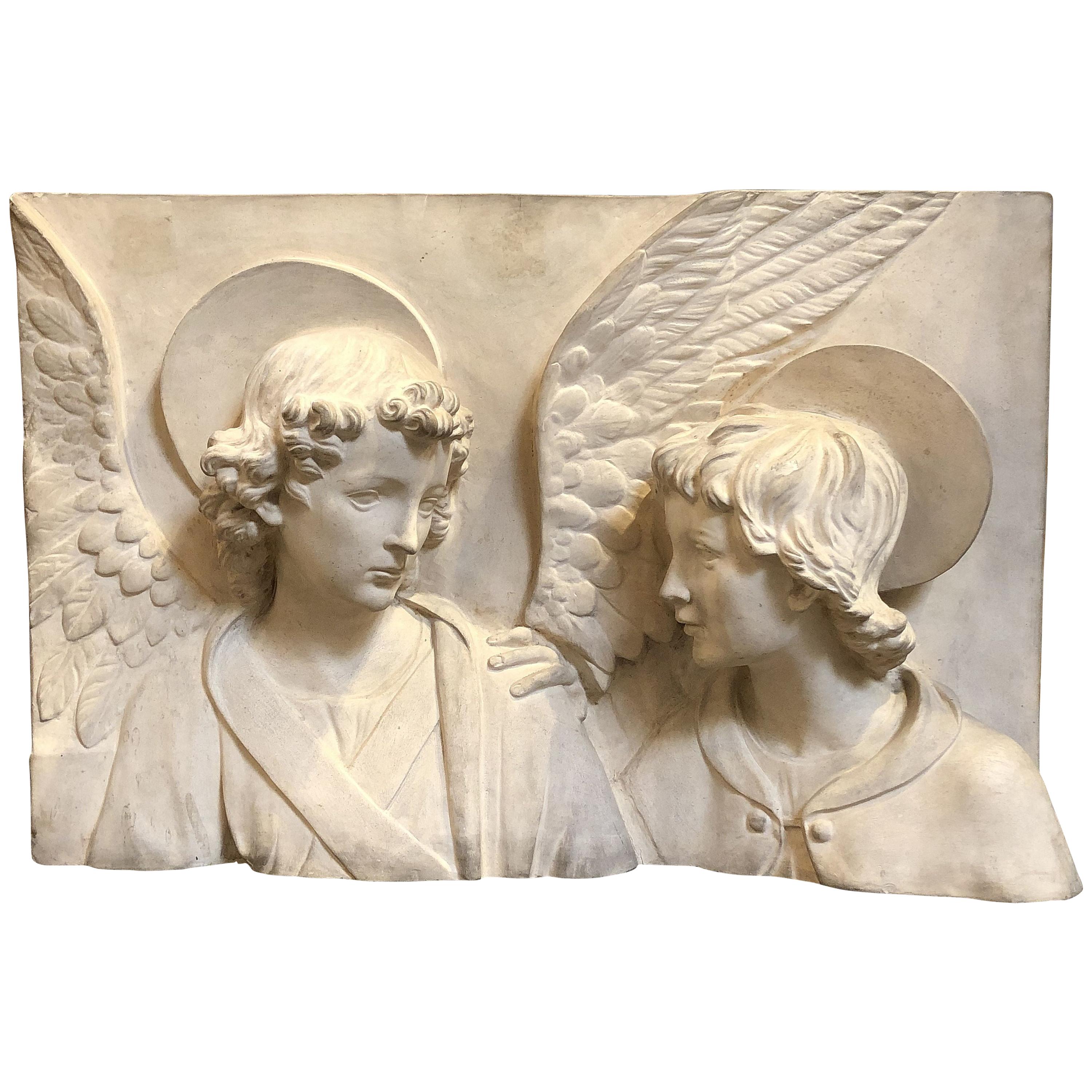 Italian Bas-Relief Terracotta Plaque of Angel and Saint by Manifattura di Signa