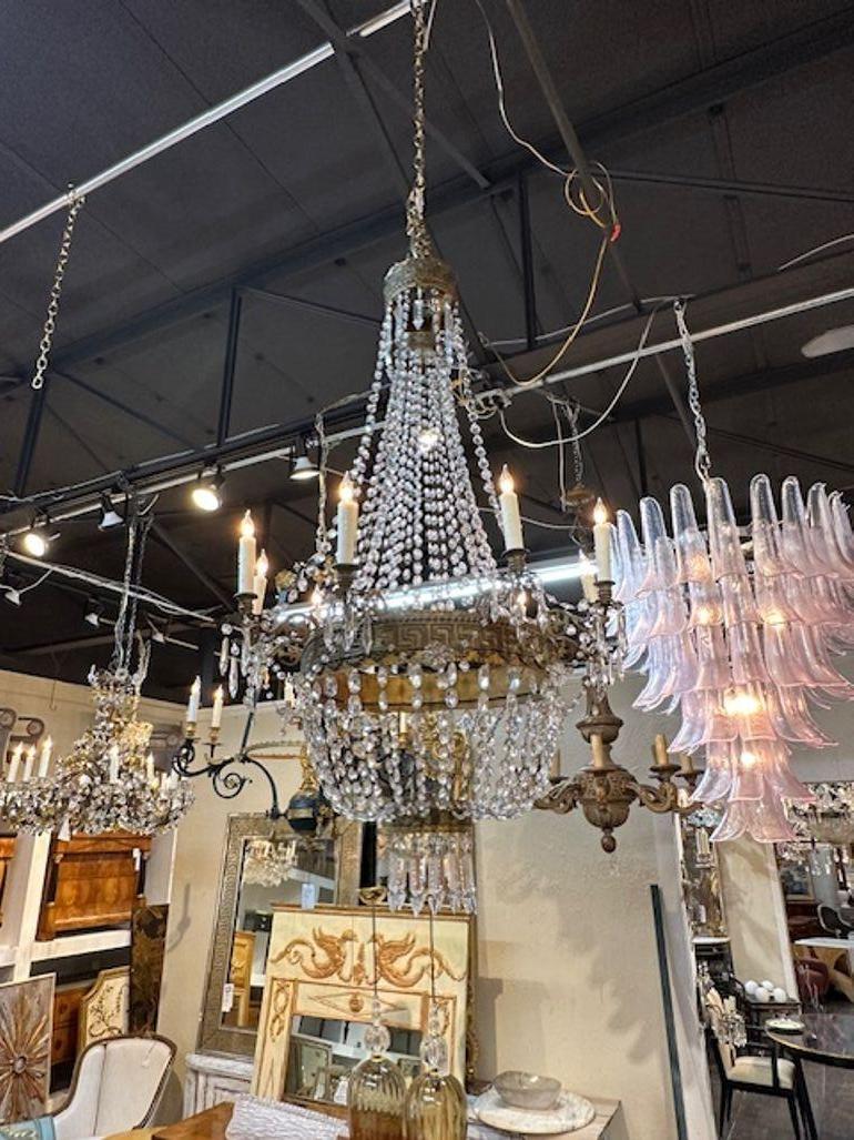 18th century tole and crystal basket chandelier with Greek Key motif. Circa 1780. The chandelier has been professionally rewired, comes with matching chain and canopy. It is ready to hang!