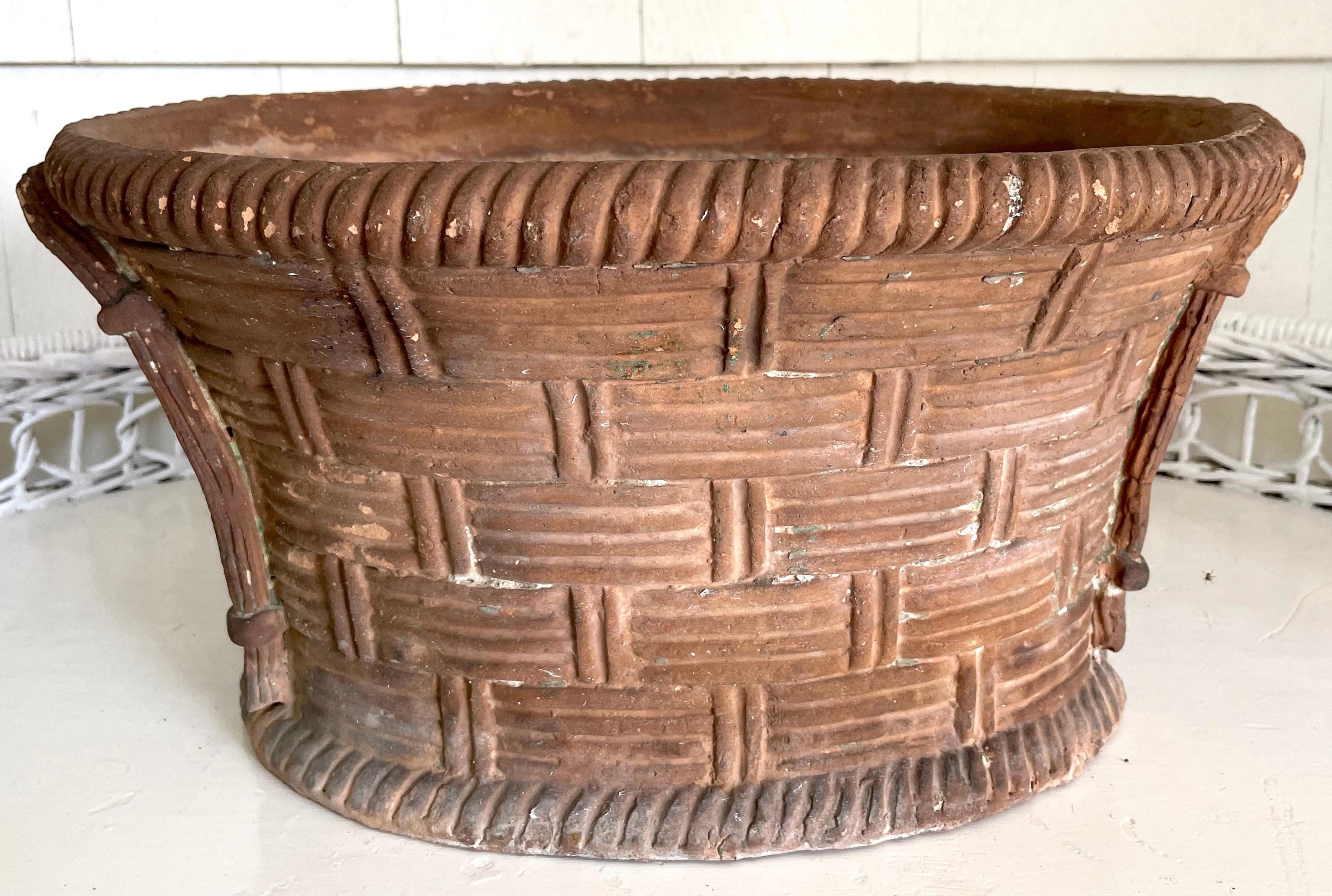 Unglazed Italian Basket Weave Terracotta Planter. For Sale