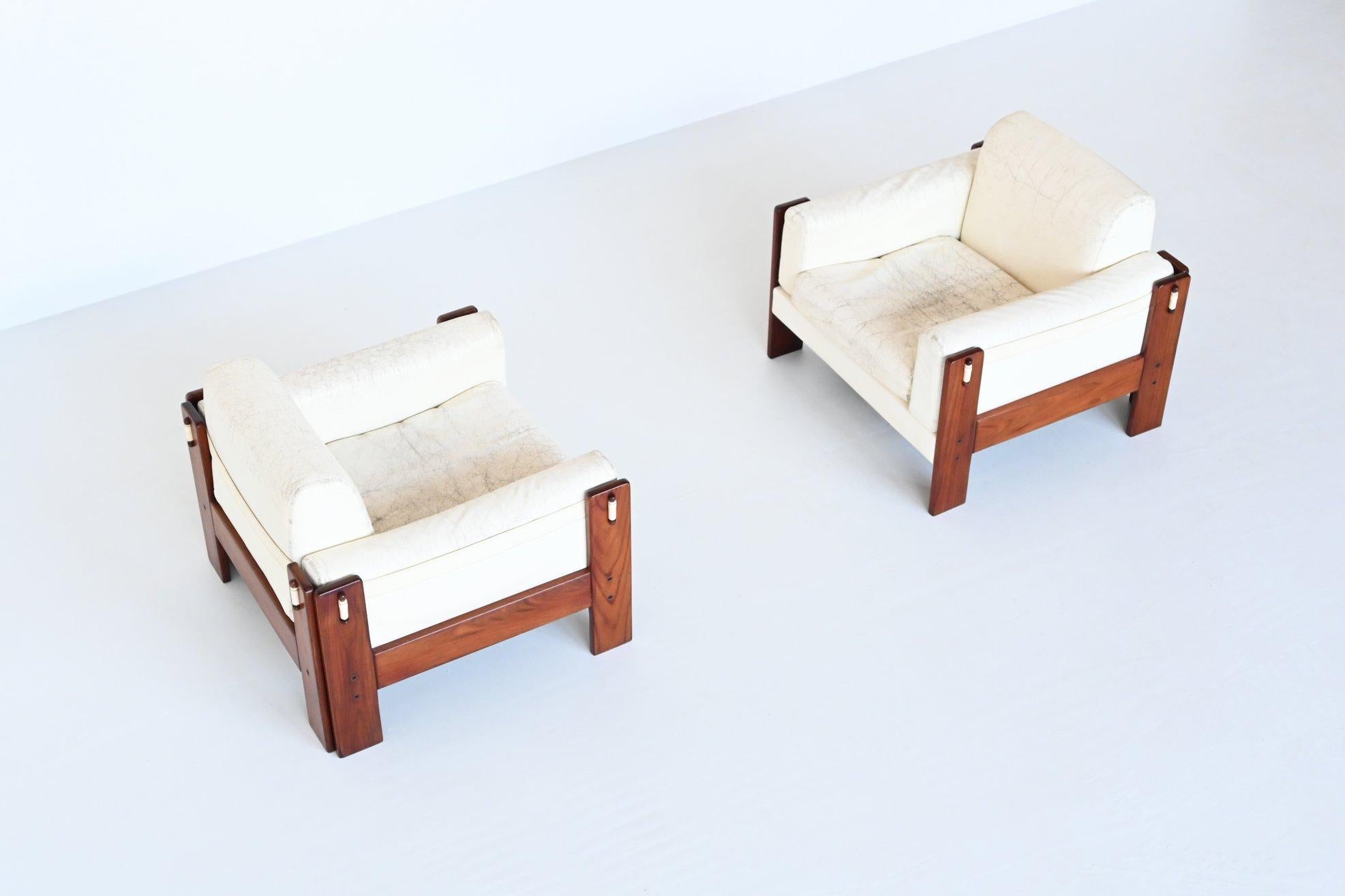 Italian Bastiano Style Lounge Chairs Rosewood and White Leather, Italy, 1970 11