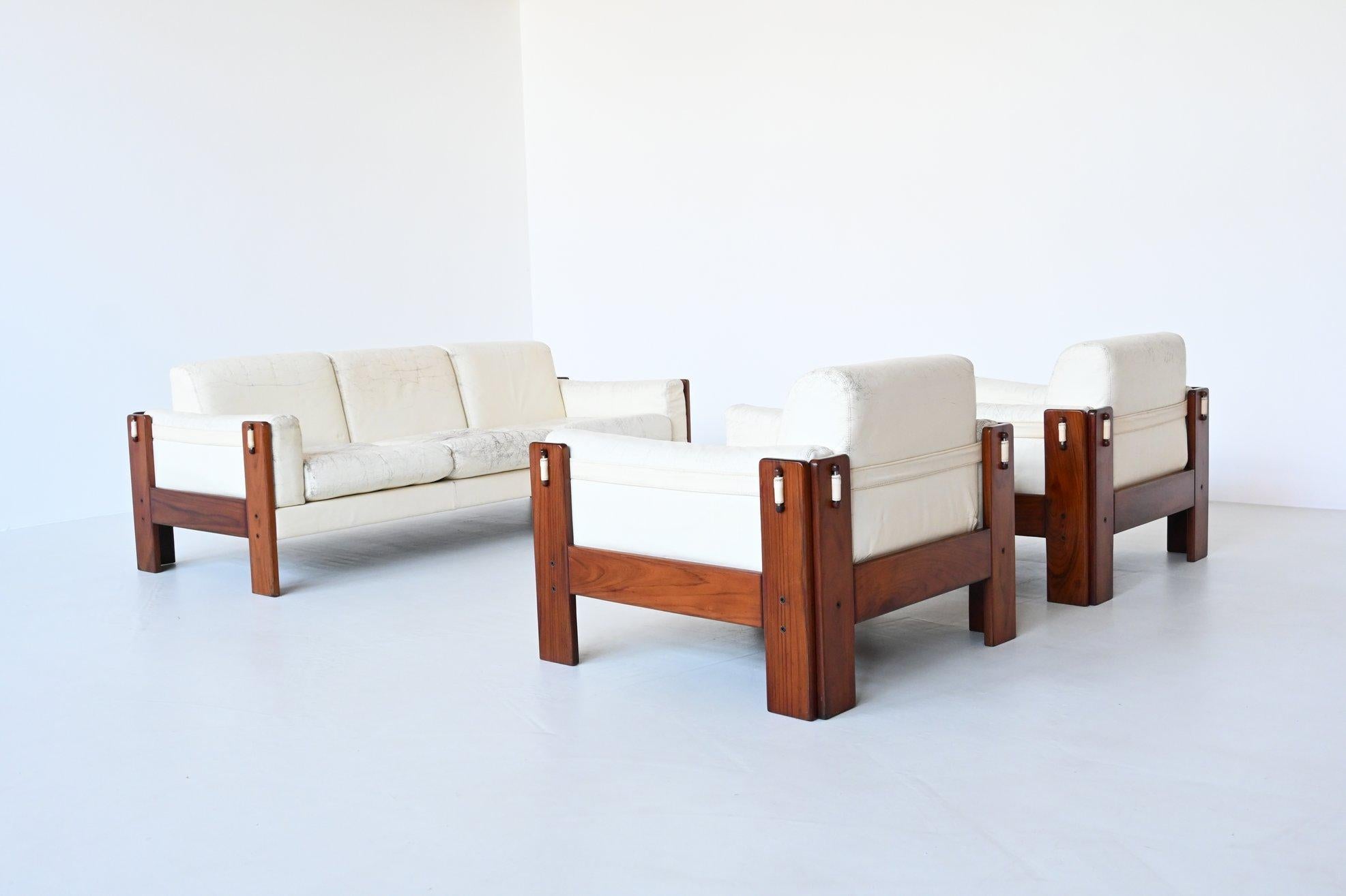 Italian Bastiano Style Lounge Chairs Rosewood and White Leather, Italy, 1970 13