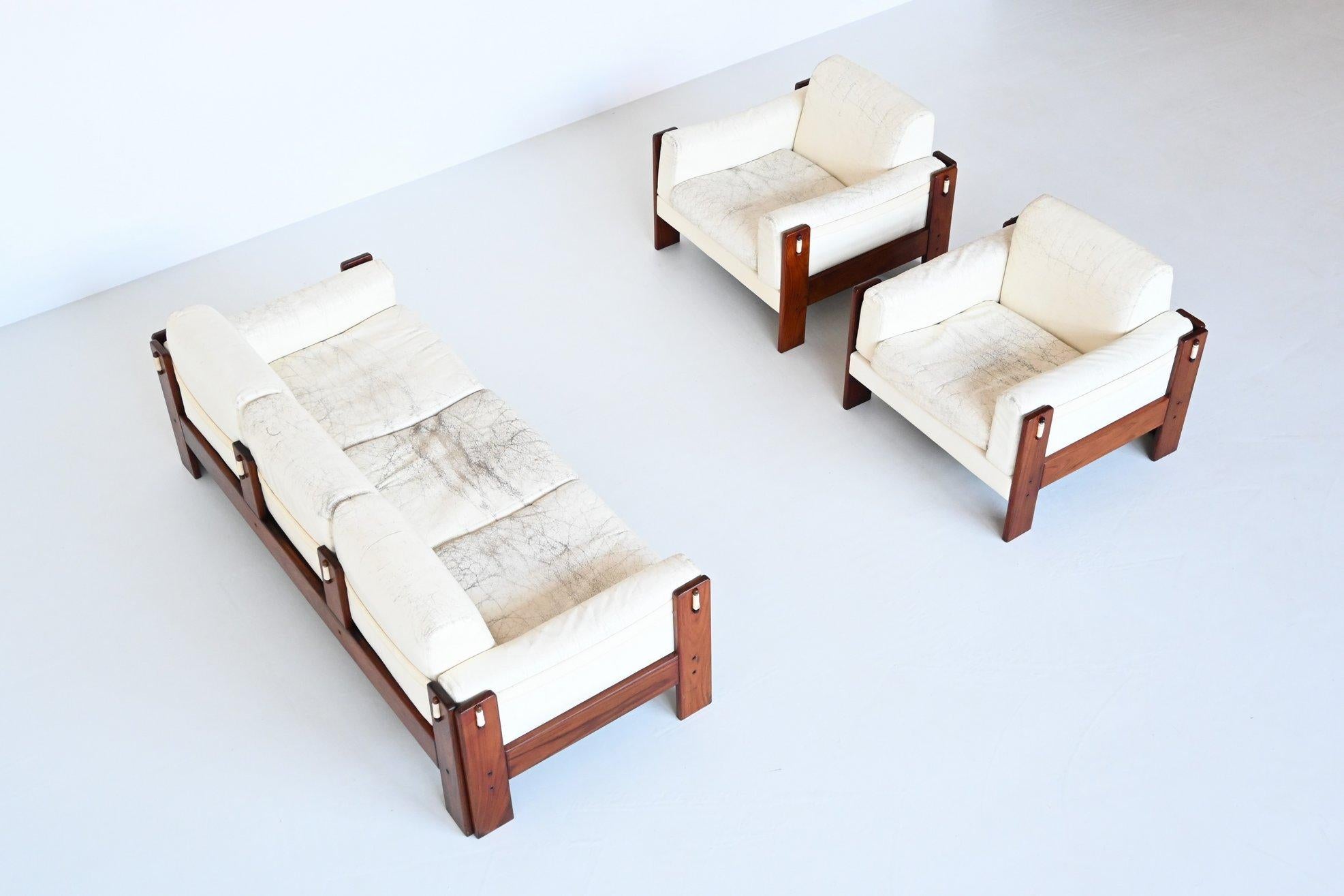 Italian Bastiano Style Lounge Chairs Rosewood and White Leather, Italy, 1970 14