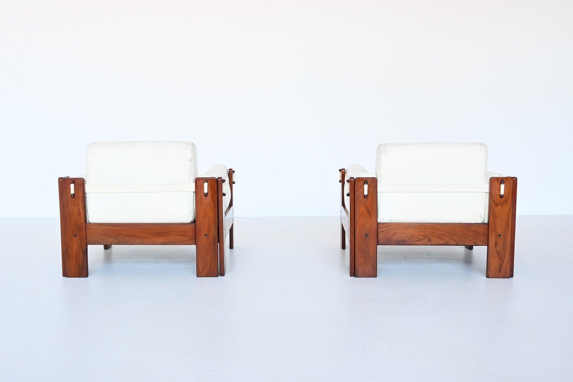 Italian Bastiano Style Lounge Chairs Rosewood and White Leather, Italy, 1970 2