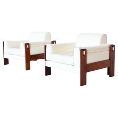 Italian Bastiano Style Lounge Chairs Rosewood and White Leather, Italy, 1970
